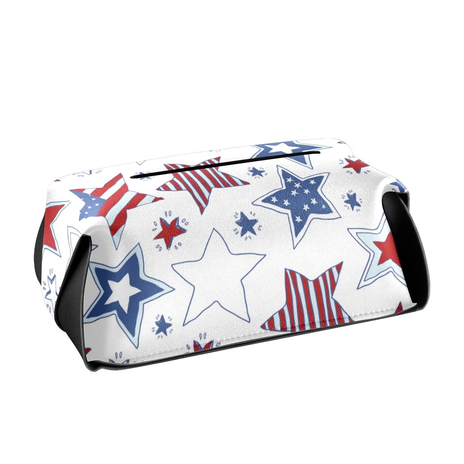 USA Flag Leather Tissue Box Cover with Handle - Patriotic Stars & Stripes Design for Bathroom, Nightstand, Vanity, Office & Car - 9.4x5.1x3.6 Inches - Perfect for Home Decor & American Pride Display