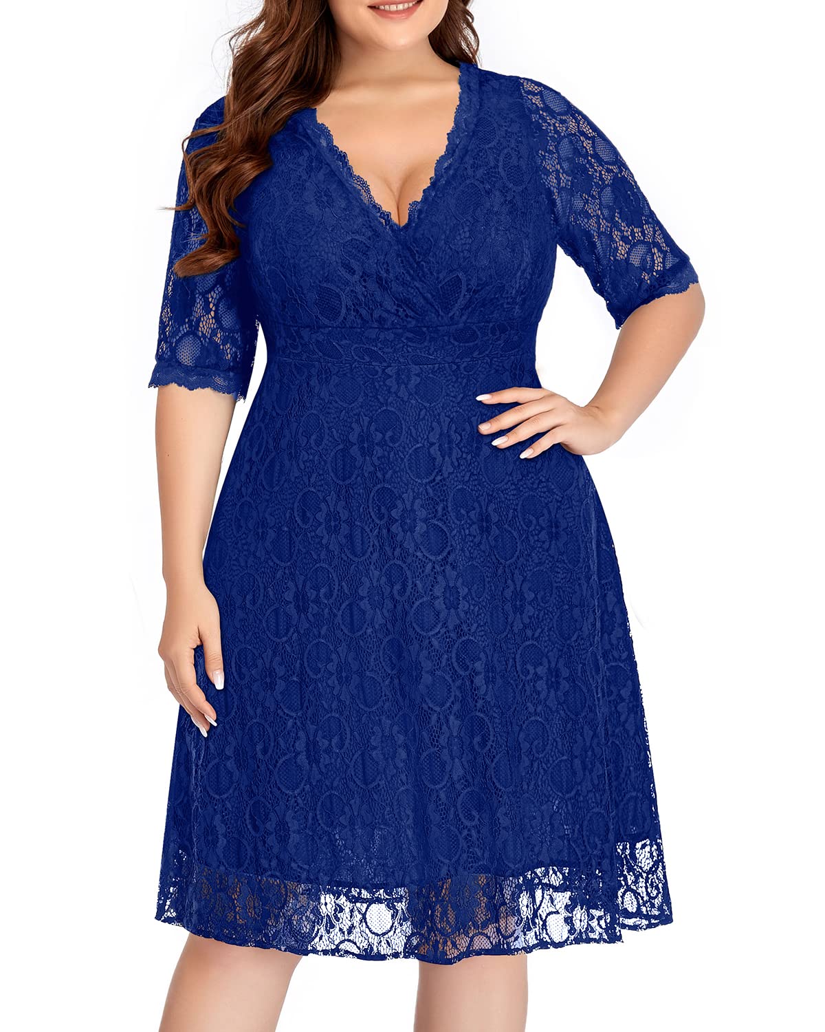 Plus Size Women's Lace Wrap V-Neck Knee-Length Dress for Wedding Guest, Cocktail Party & Semi-Formal Occasions | Elegant & Flattering Fit for Special Events
