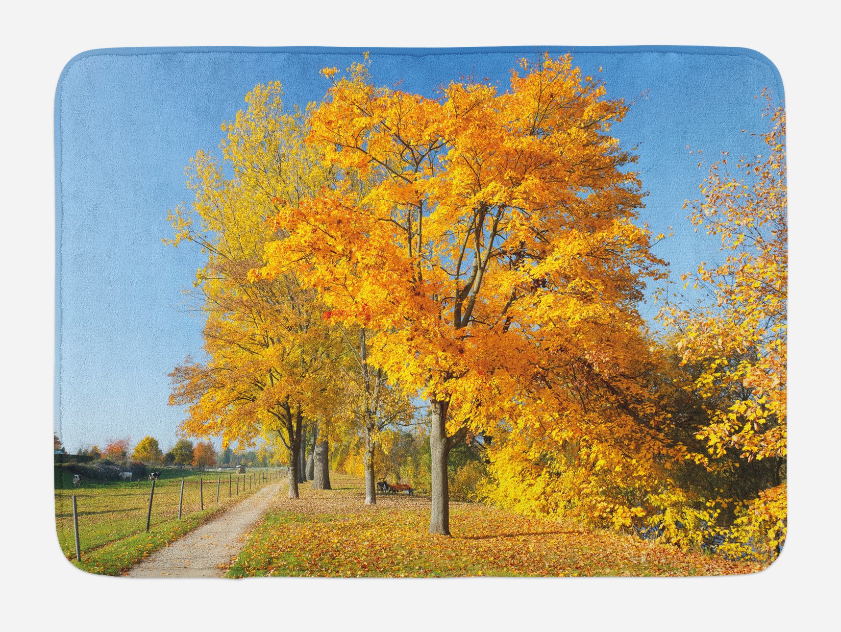 Ambesonne Plush Non-Slip Bath Mat - Maple Trees Countryside Landscape Design, 30.2 x 20 Inches, Pale Blue Yellow Green - Soft Bathroom Rug for Cozy Home Decor, Perfect for Master Bath, Guest Bathroom & Spa Retreat