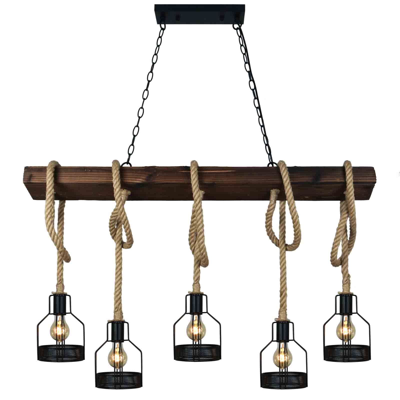 Farmhouse Pendant Lights for Kitchen Island - Rustic Dining Room Ceiling Fixture with 5 E26 Bulb Sockets - Black Metal & Wood Beam Chandelier - Perfect for Farmhouse, Industrial & Modern Kitchens