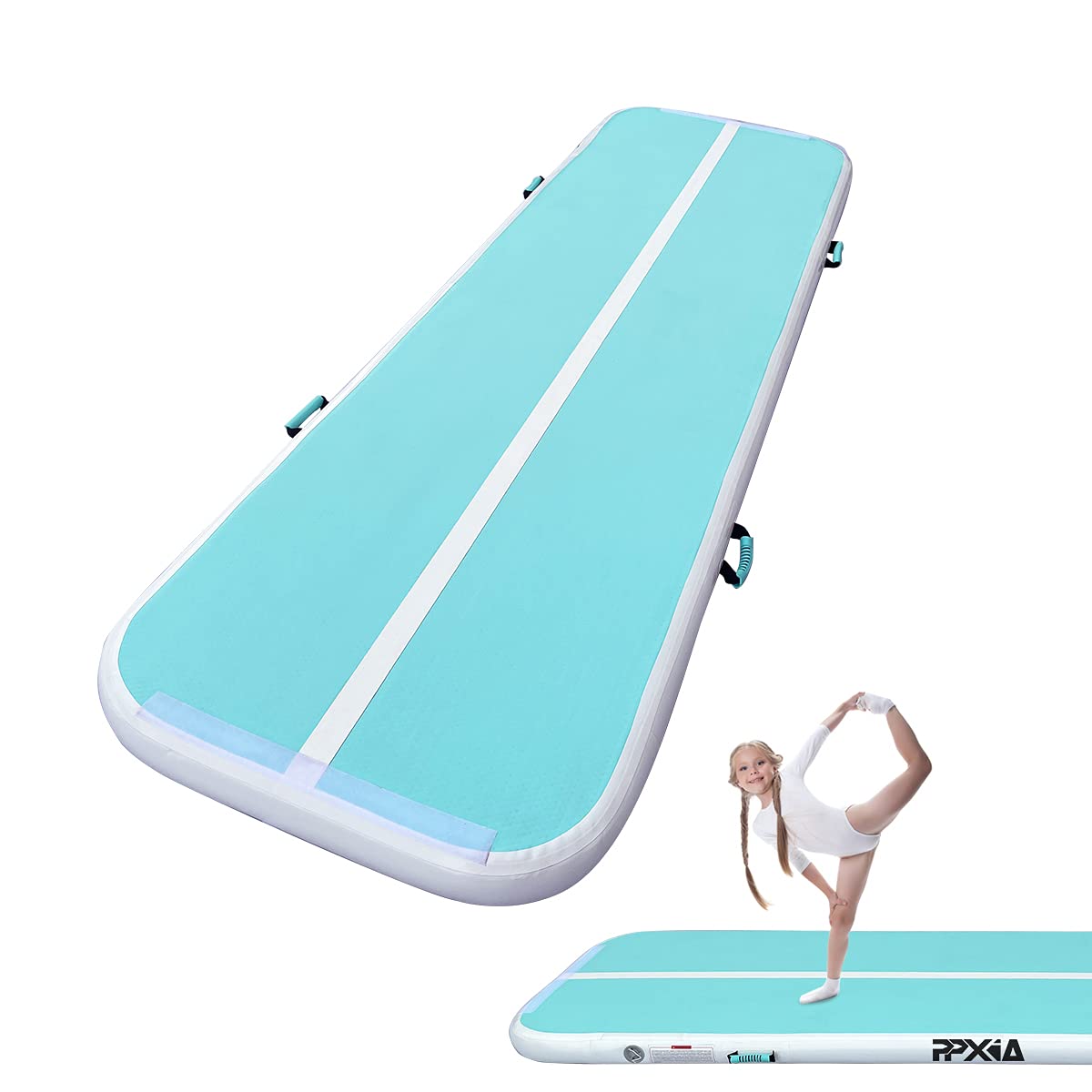 PPXIA Inflatable Air Track Mat 10ft 13ft 16ft 20ft - 4/8 Inch Thick Gymnastics Tumbling Mat for Kids & Adults - Portable Air Floor for Home Training, Cheerleading, Yoga, Water Play - Includes Electric Pump - Perfect for Indoor/Outdoor Fitness & Backyard Fun