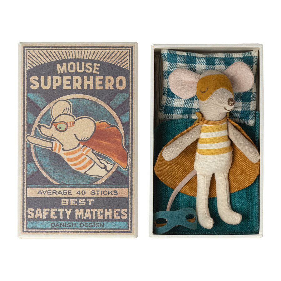 Maileg Super Hero Mouse Toy - Little Brother in Matchbox for Kids | Collectible Miniature Mouse Figure | Perfect for Pretend Play, Gift Giving & Display Collections