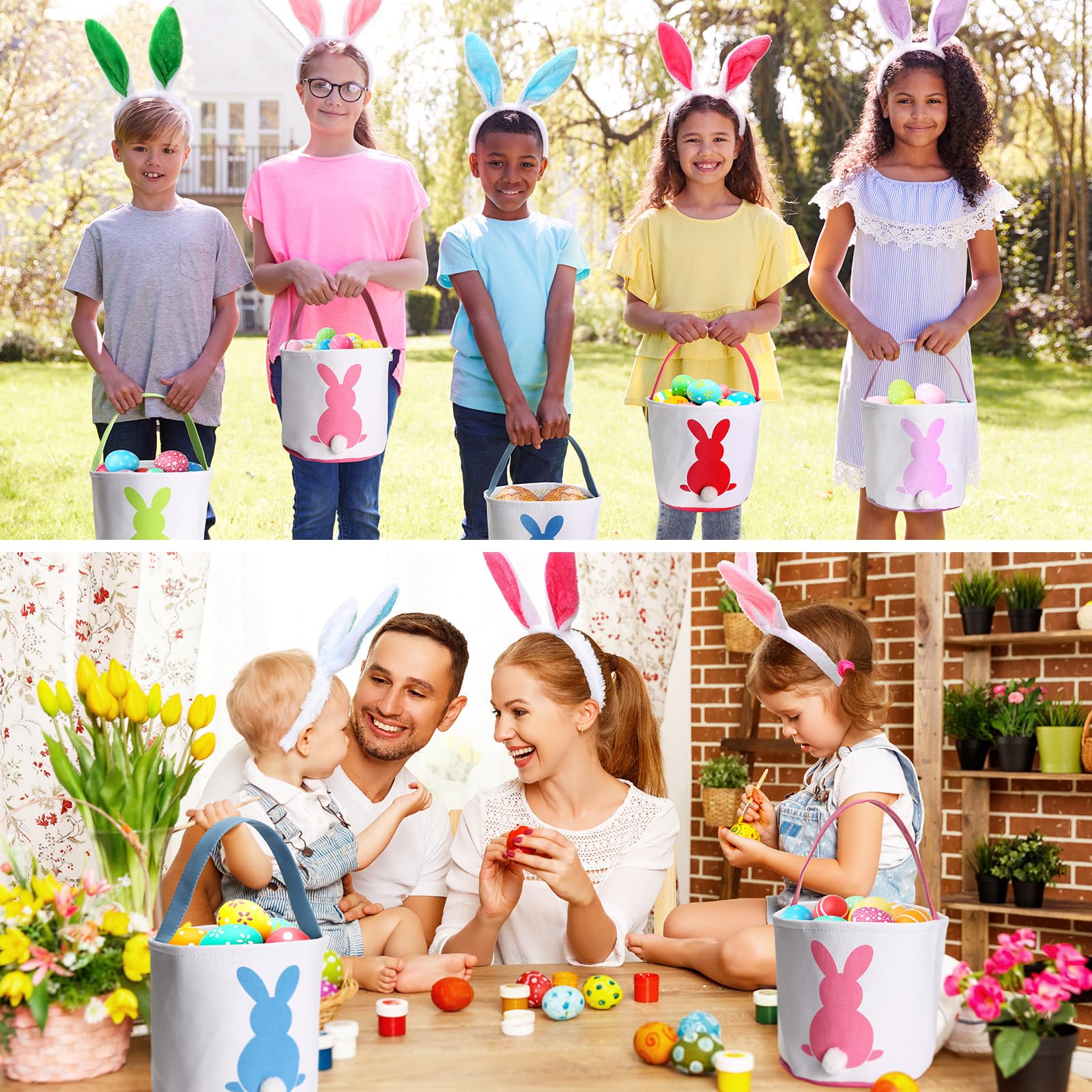 Domensi 6-Piece Bunny Easter Basket Set with Plush Bunny Headbands for Kids & Adults - Small Canvas Easter Baskets Bulk for Easter Egg Hunt Favors (9x9.45 Inches) - Perfect for Easter Parties, Classroom Treats & Spring Celebrations