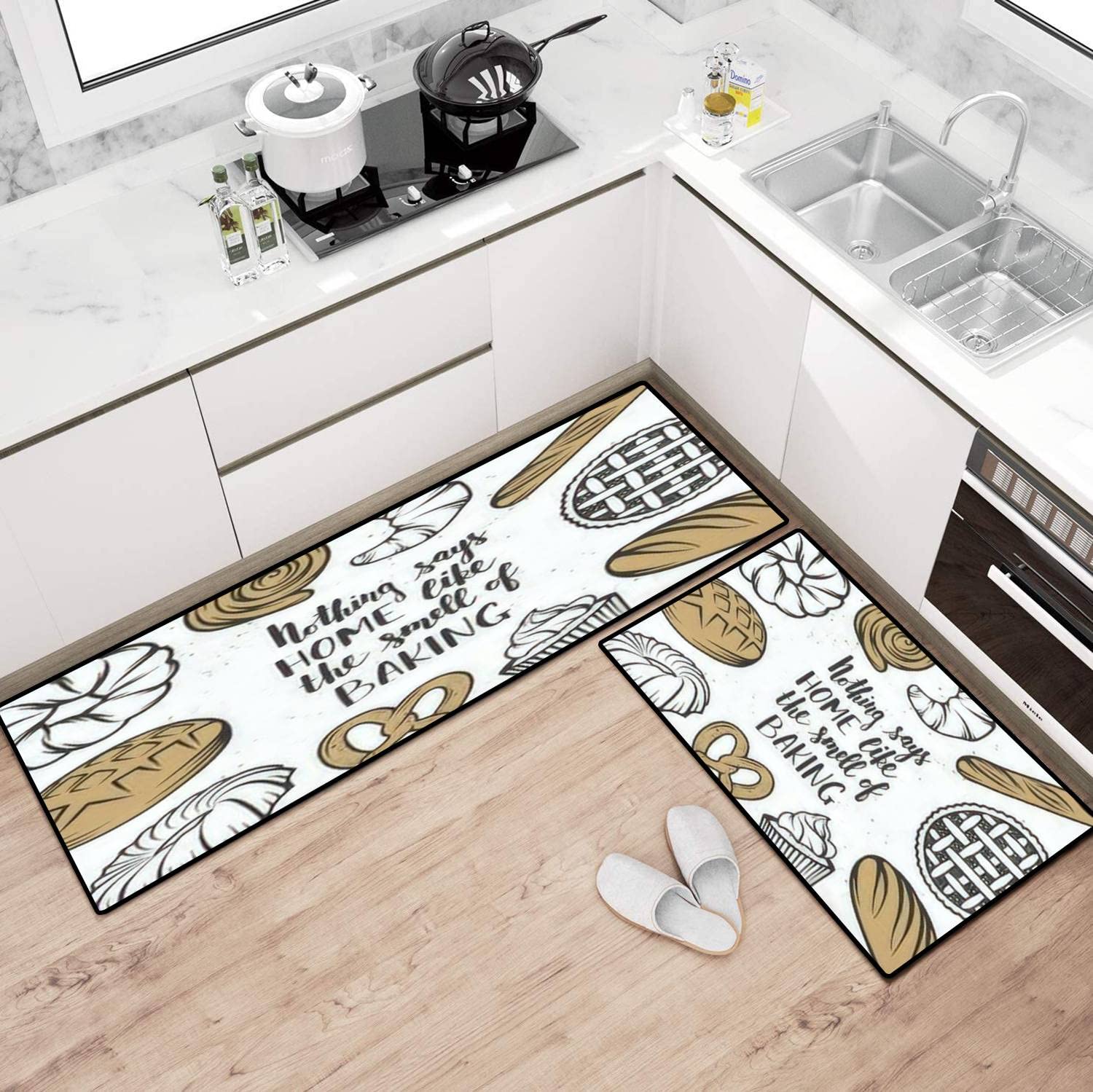 Non-Slip Washable Kitchen Rugs Set - Hand Drawn Bakery Elements & Typography Floor Mat, Anti-Fatigue Standing Mat for Kitchen, Bathroom, Entryway Decor - Perfect for Home, Bakery & Cafe Use