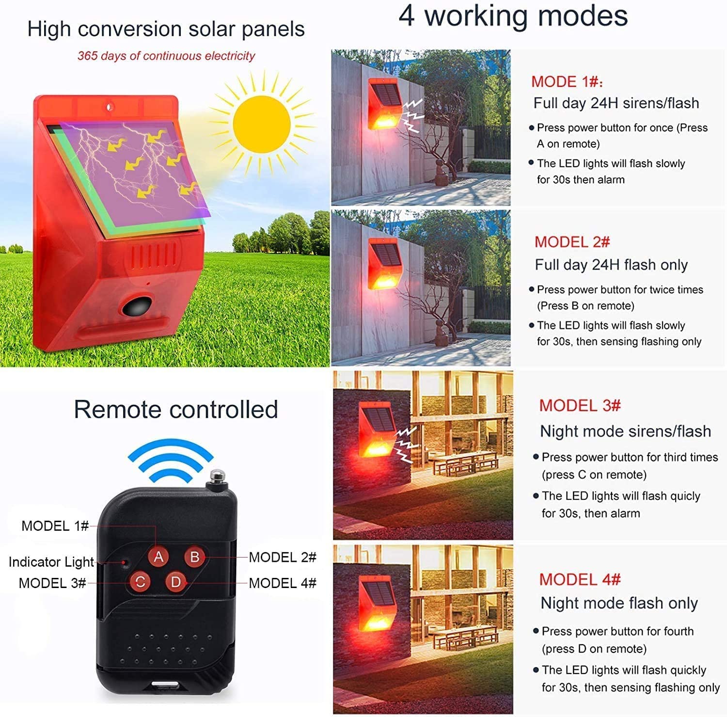 Solar Alarm Strobe Light with Remote Control & Motion Sensor - 129dB Loud Security Siren, IP65 Waterproof for Outdoor Use - Perfect for Villa, Chicken Coop, Barn, Farm, Yard Protection & Home Security