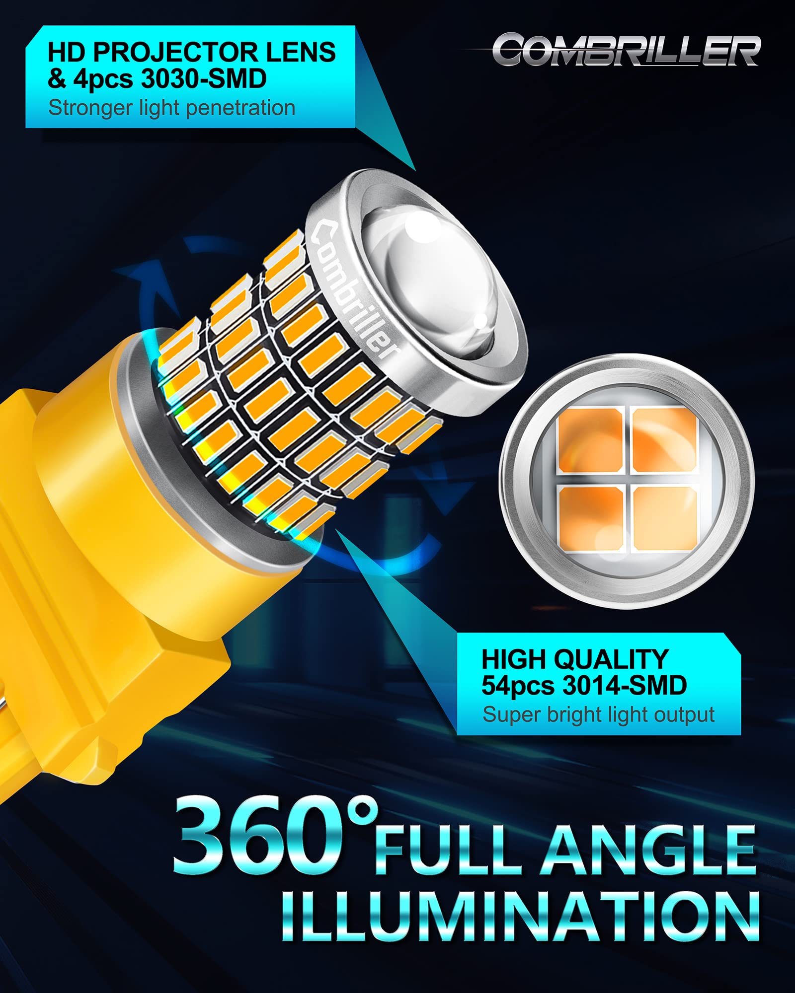 Combriller 3157 LED Bulb Amber Yellow - 3056 3156 3057 4157 LED Replacement Bulbs for Turn Signal, Brake & Tail Lights - Car, RV, Truck Blinker Bulbs (2-Pack) - Perfect for Night Driving & Enhanced Visibility