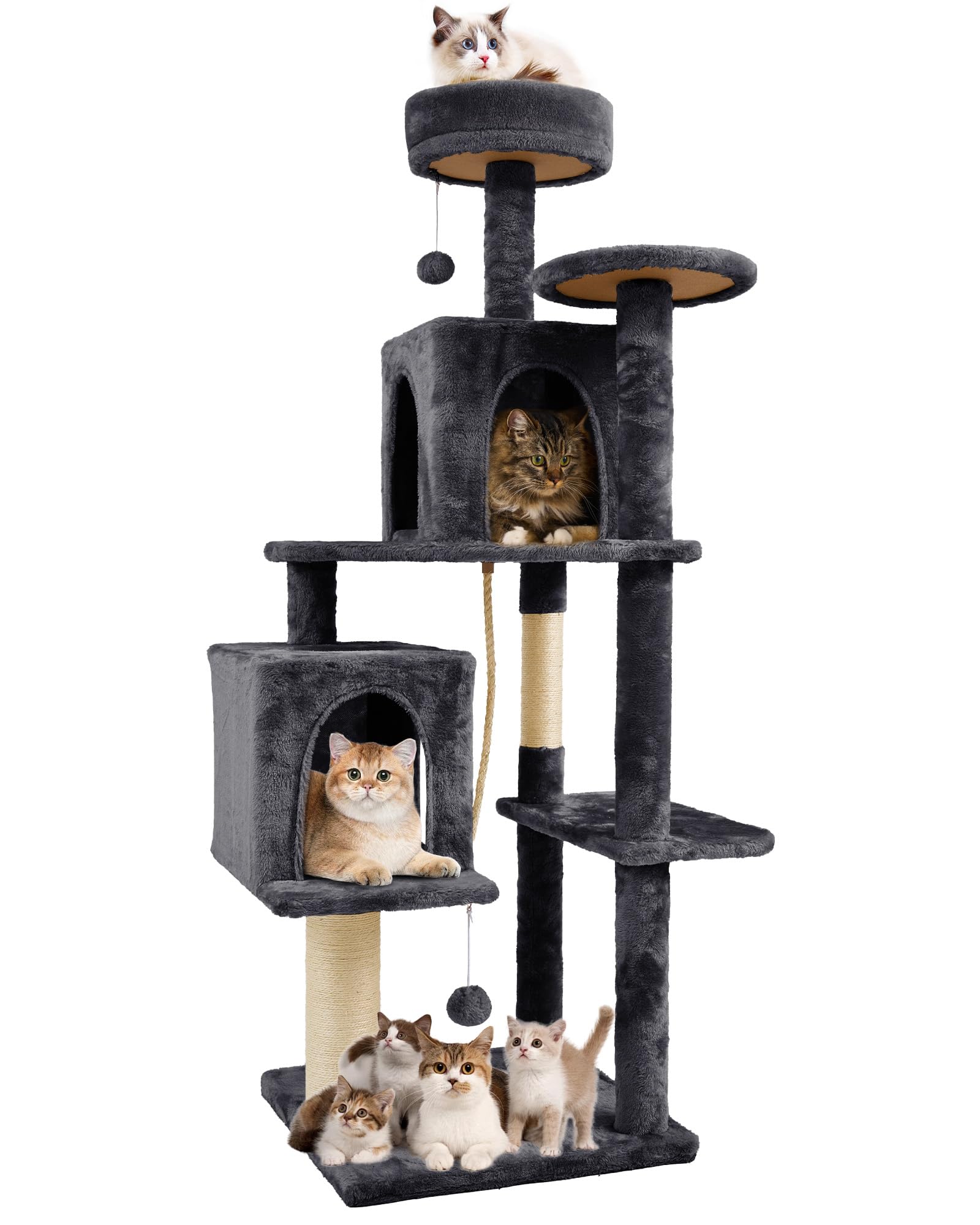 58 Inch Tall Cat Tree Tower for Indoor Cats - Multi-Level Cat Condo with Scratching Post & Hanging Toys - Durable Pet Furniture for Kittens & Adult Cats (Deep Grey) - Perfect for Small Spaces & Playtime Activities