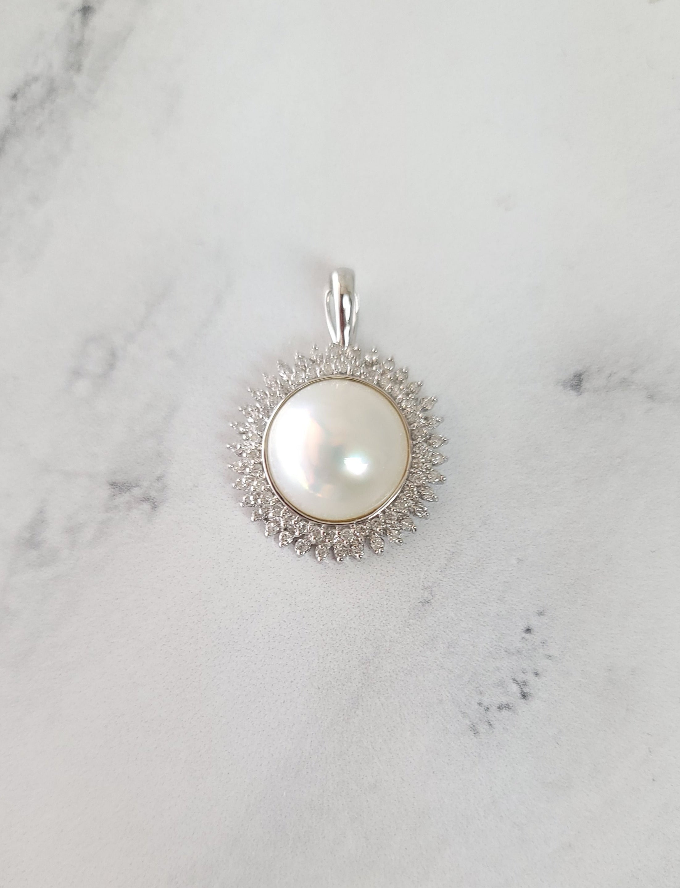 14K White Gold Mother of Pearl Diamond Halo Pendant Necklace .57cttw - Elegant Jewelry Gift for Women, Perfect for Weddings, Anniversaries & Special Occasions
