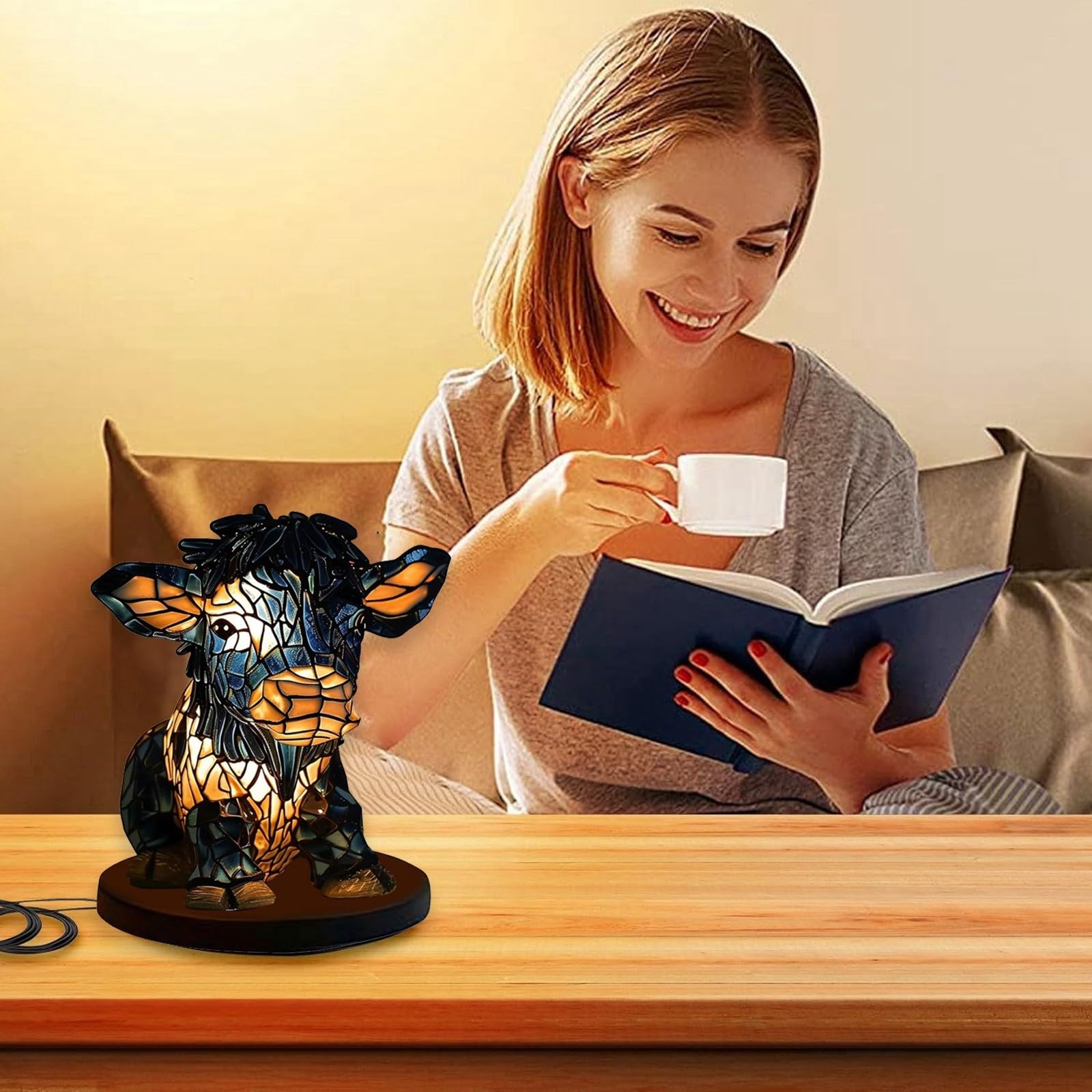 Cute Cow Table Lamp with USB Port - Nightstand Bedside Lamp for Bedroom, Living Room & Home Office - Soft Reading Light & Cozy Home Decor