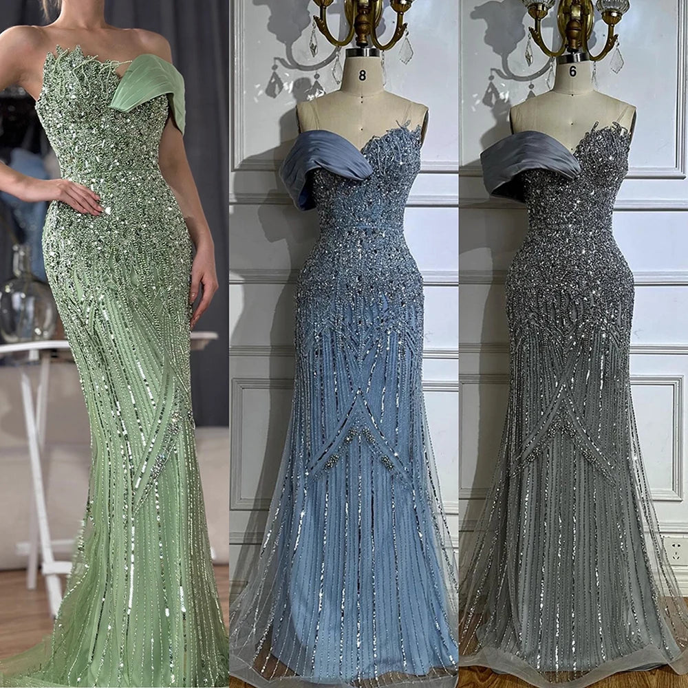 Elegant Arabic Green Mermaid One Shoulder Beaded Long Evening Dress Gown for Women - Luxury Dubai Style Formal Wear for Prom, Wedding & Special Occasions LA72650