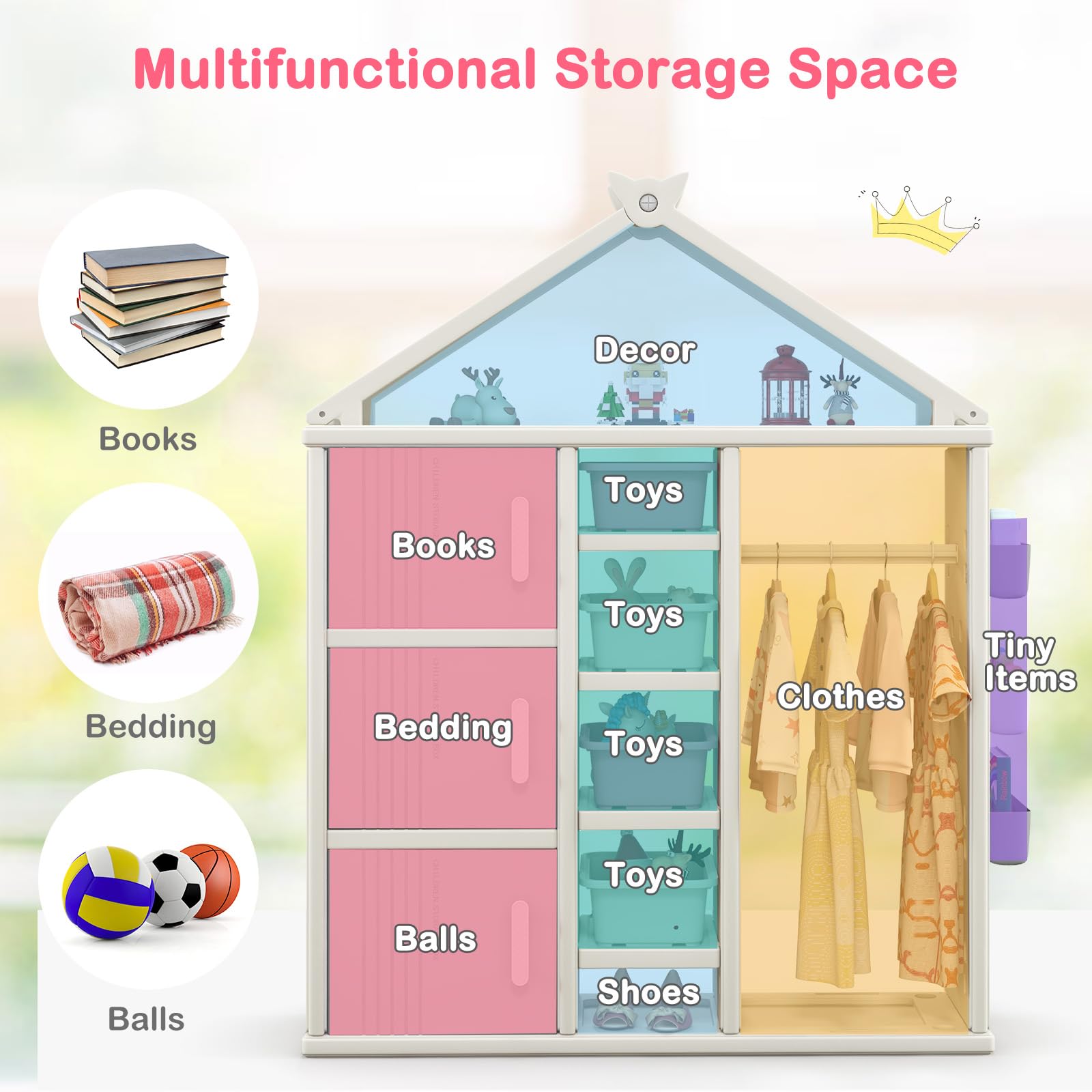 Costzon Kids Dress Up Storage Closet - Hanging Armoire with Bins, Shelves & Baskets, Grey Wardrobe for Girls Bedroom | Perfect for Organizing Costumes, Toys & Clothes in Playroom or Nursery