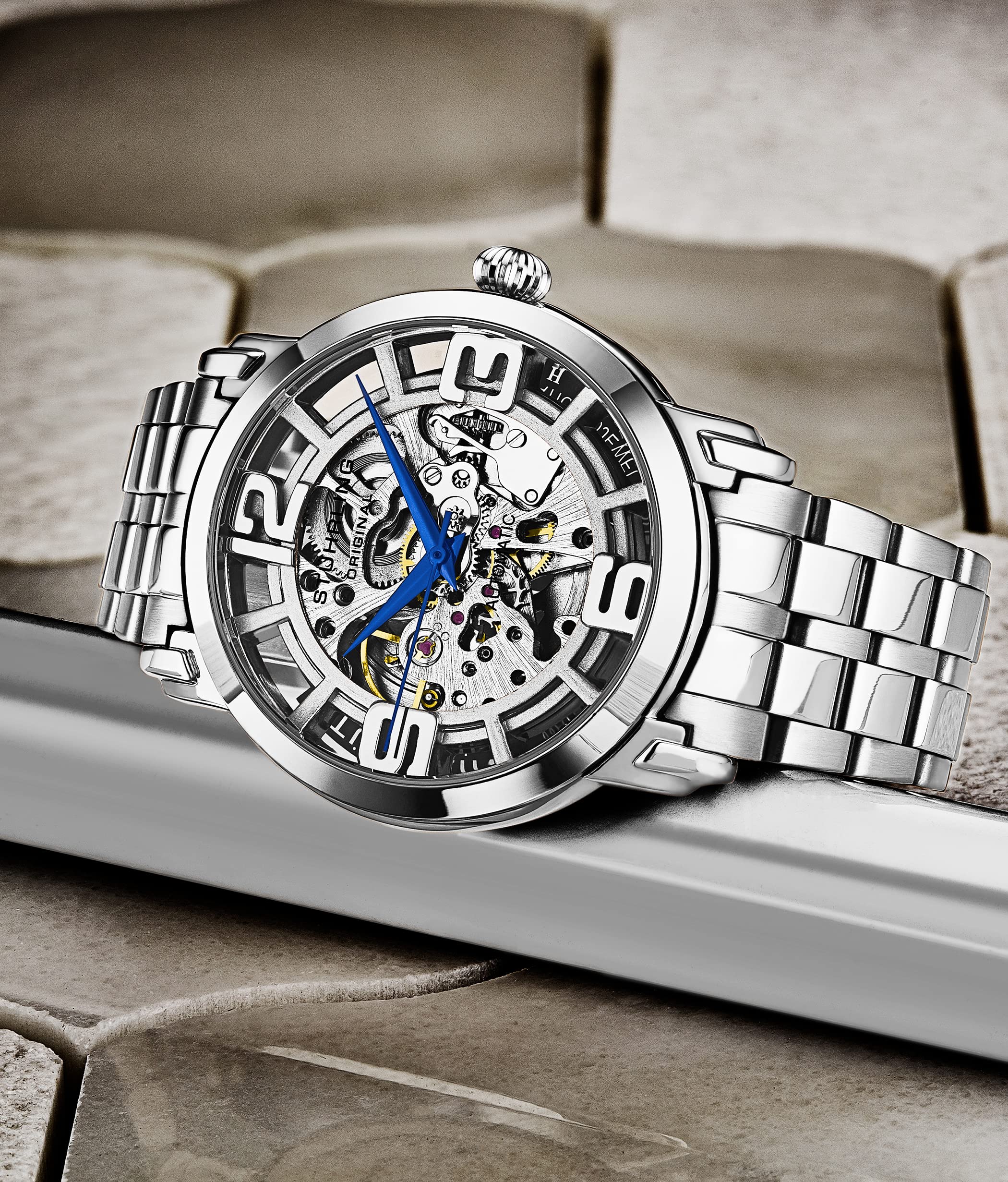 Stuhrling Original Men's Skeleton Automatic Watch - Self-Winding Mechanical Dress Watch - Winchester 44 Elite Silver Watch for Business & Formal Occasions