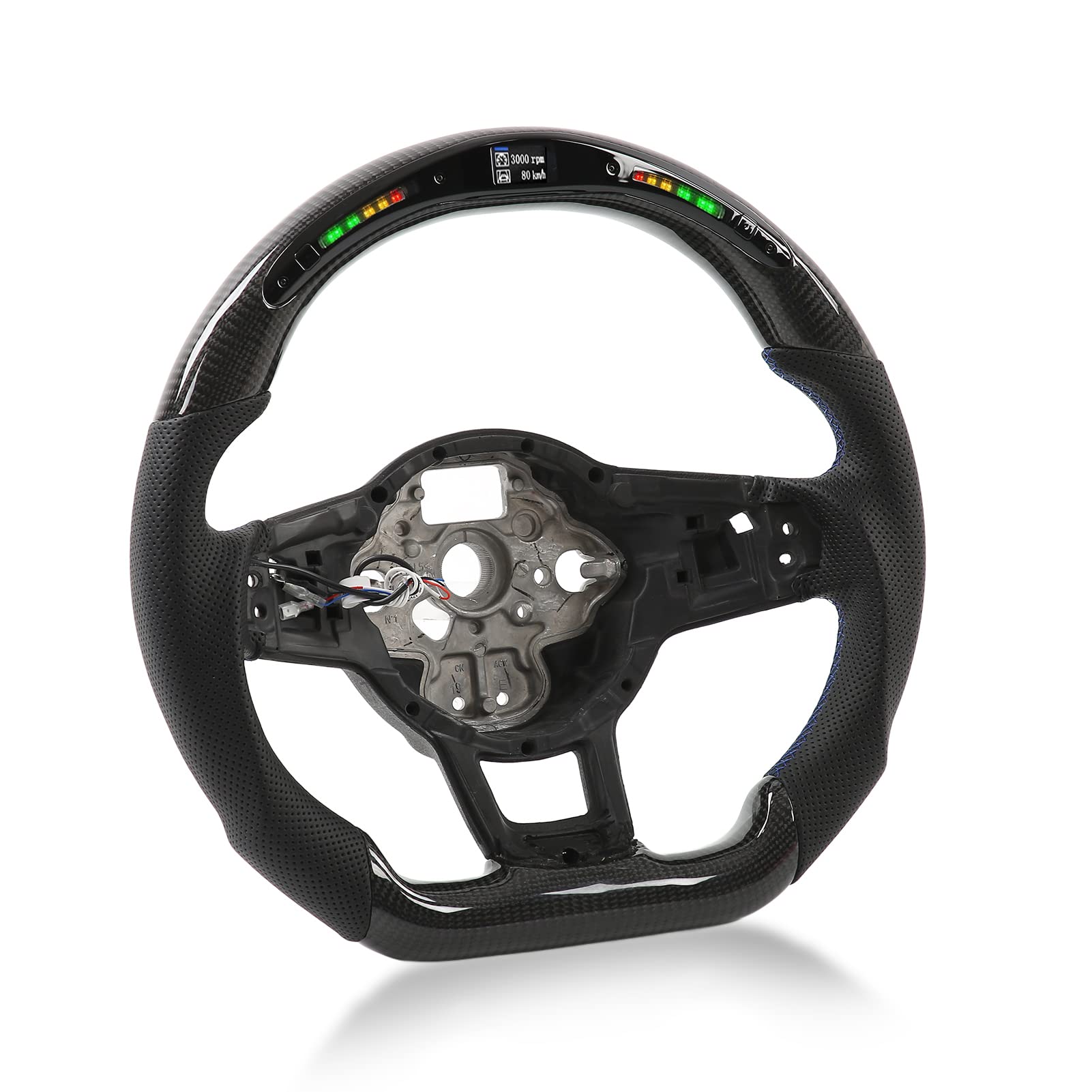 RGB LED Carbon Fiber Flat Bottom Steering Wheel with Blue Stitching - Multifunction Racing Wheel for BMW, Mercedes, Audi | Car Interior Upgrade & Performance Driving Enhancement