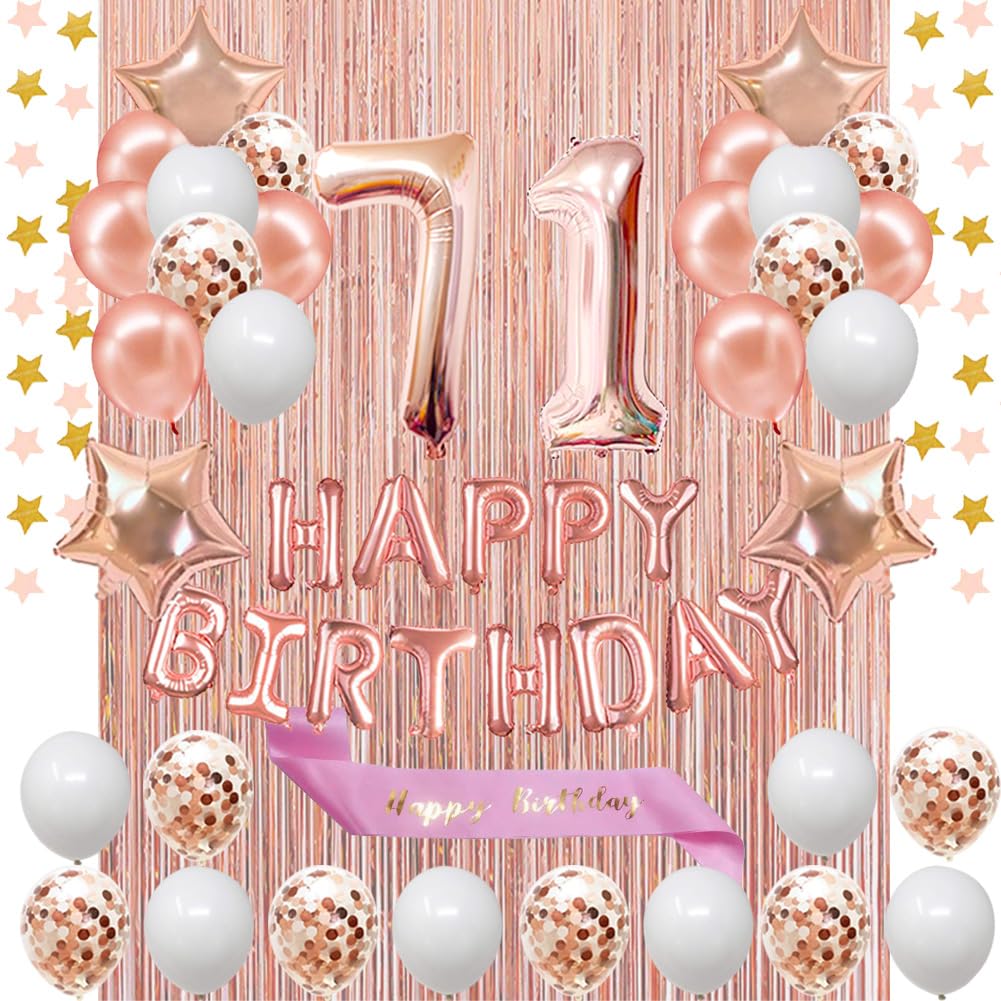Rose Gold 71st Birthday Party Decorations Set - Happy Birthday Banner, Sash & Number 71 Balloons for Women | Latex Confetti Balloons | Perfect for Milestone Birthday Celebrations, Retirement Parties & Special Occasions