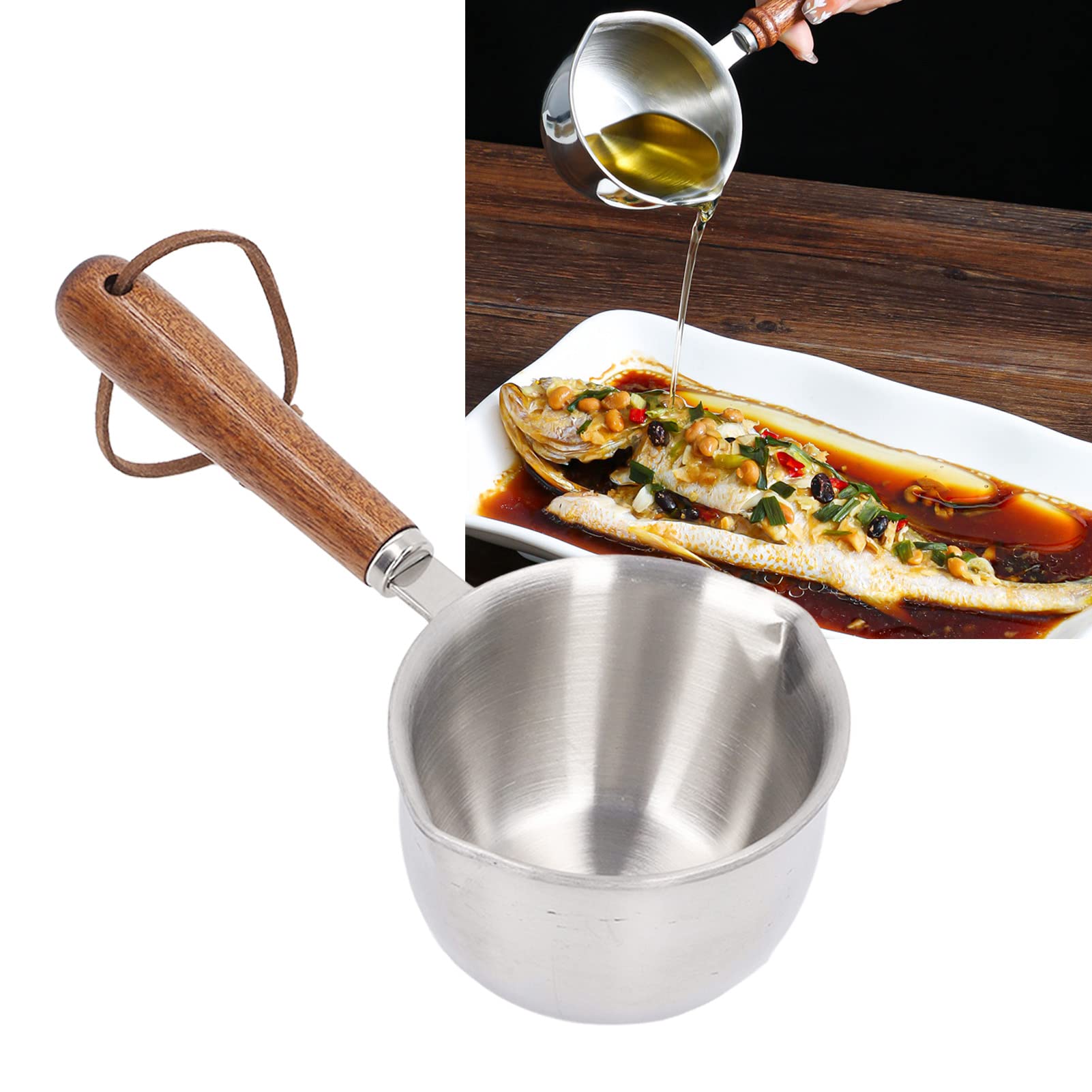 200ml Stainless Steel Milk Pot & Butter Melting Pot with Dual Pour Spouts - Multipurpose Sauce Pan for Coffee, Tea, Chocolate & Cooking - Wooden Handle & Dishwasher Safe - Perfect for Kitchen, Cafe & Home Use