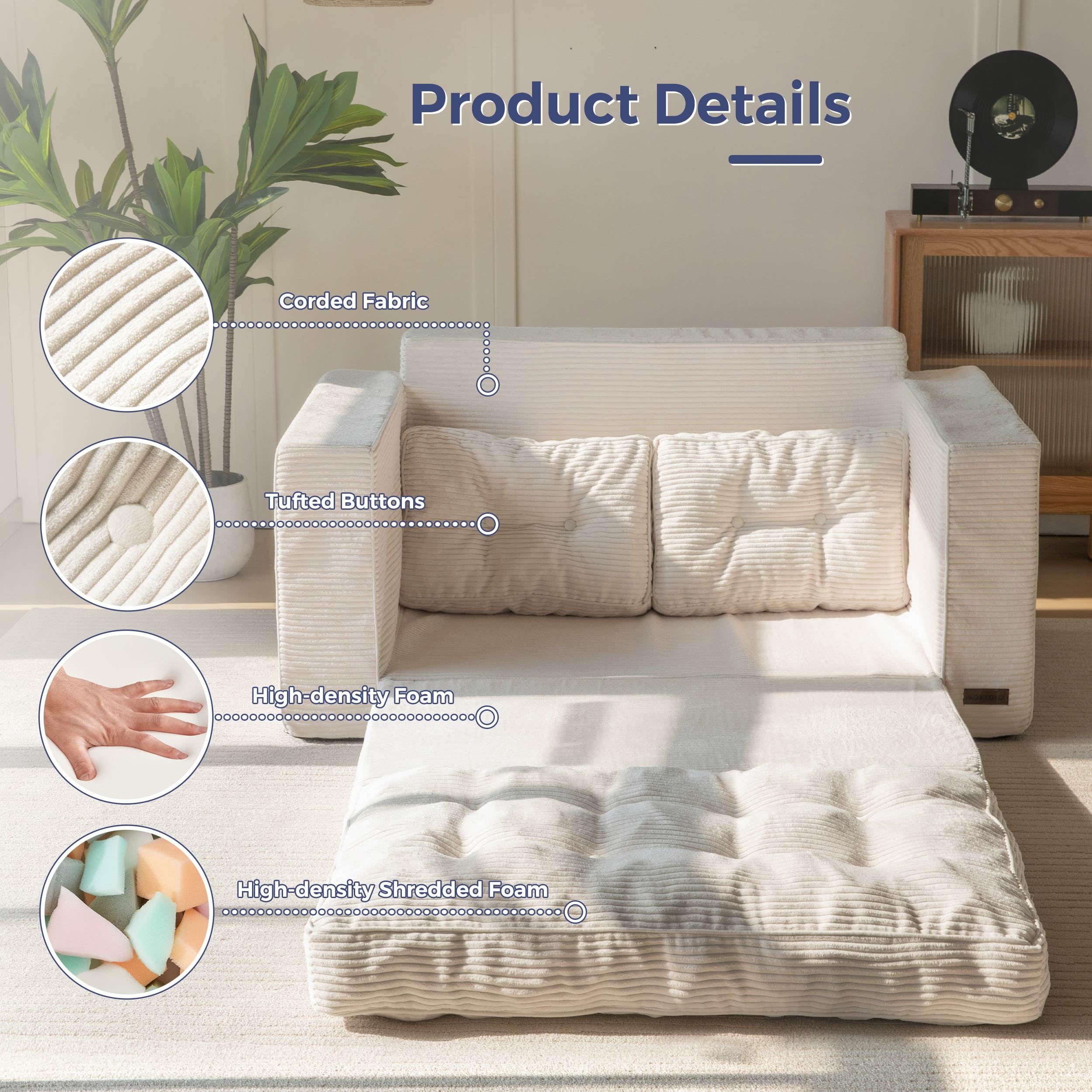 MAXYOYO Convertible Sofa Bed - Foldable Floor Couch with Pillows in Beige | Space-Saving Furniture for Small Apartments, Guest Rooms & Living Rooms