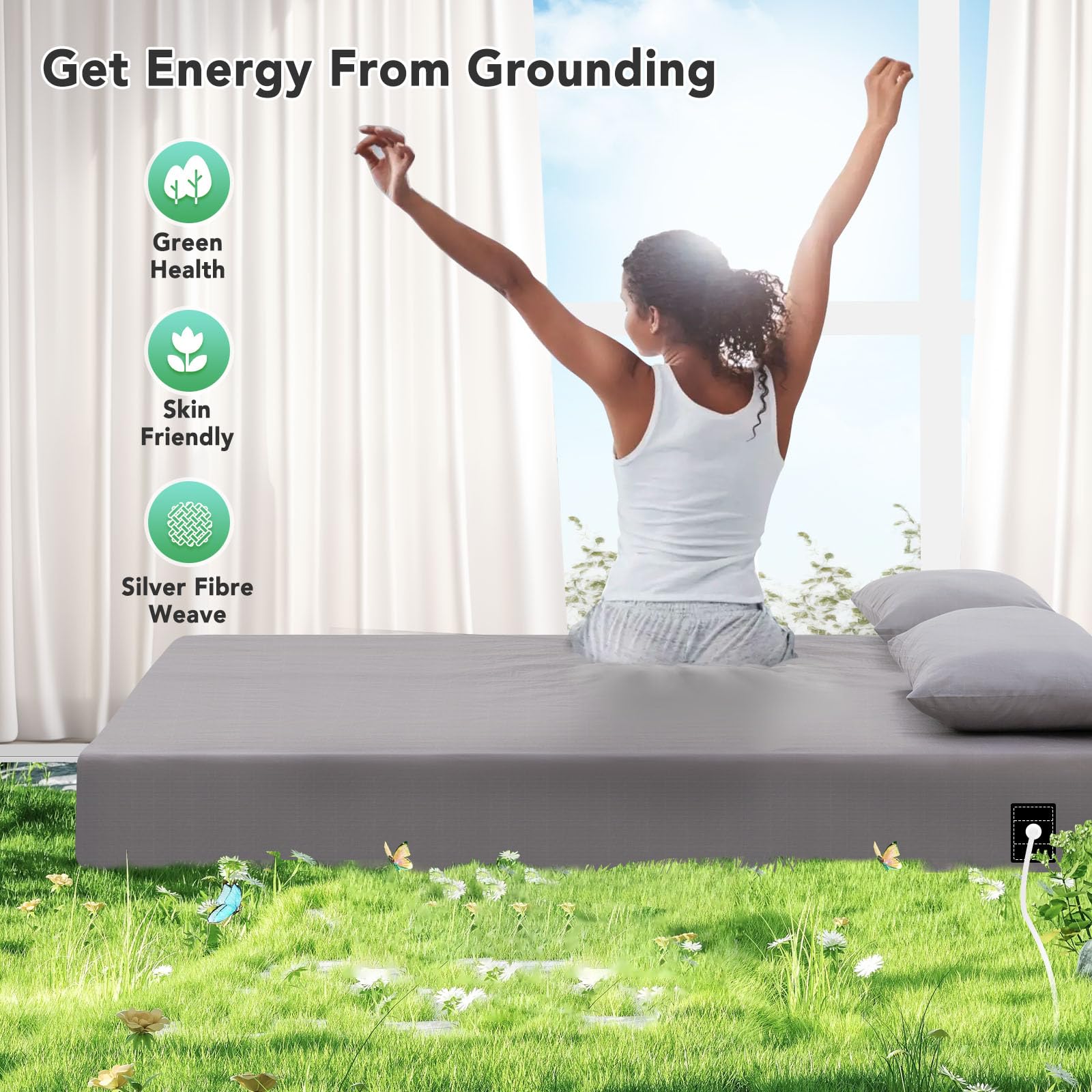 Organic Cotton & Silver Fiber Grounding Sheets King Size - EMF Protection, Better Sleep & Wellness, Grey Fitted Sheet for Grounding Therapy - Perfect for Home, Travel & Holistic Healing