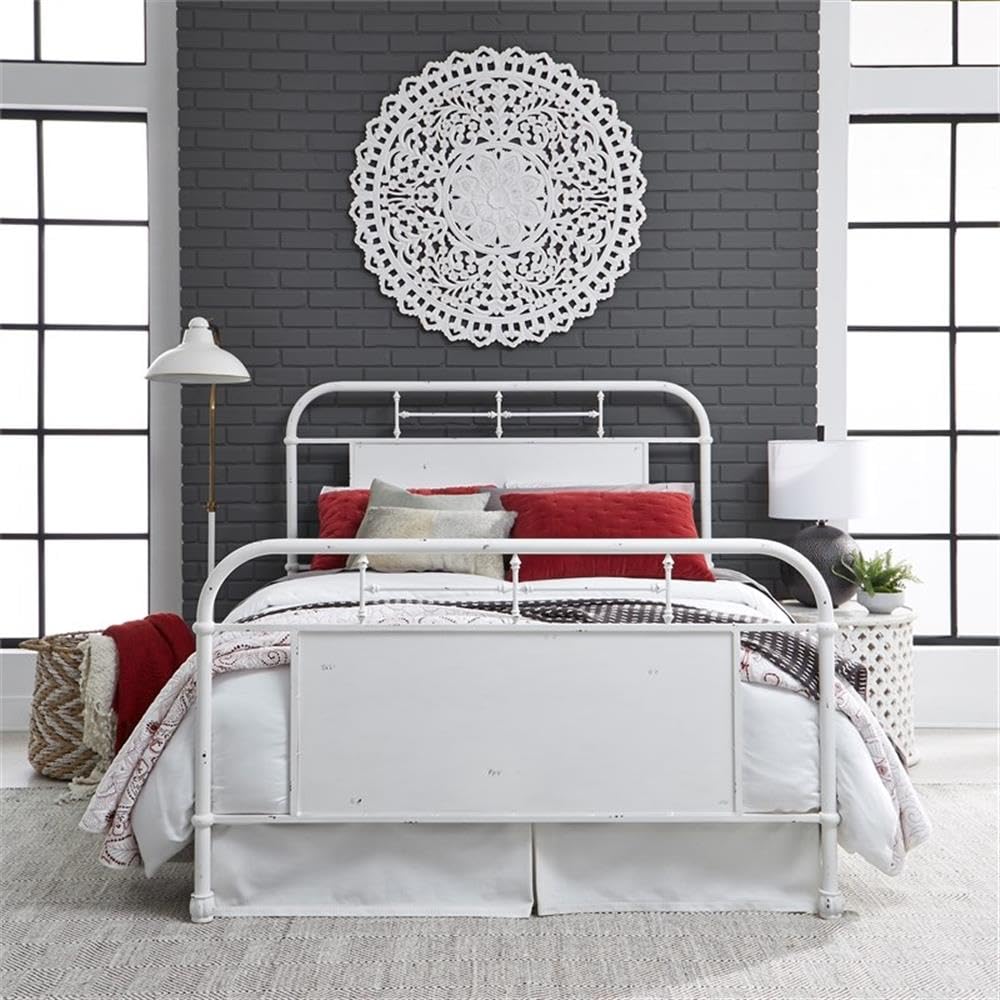 BOWERY HILL Modern Queen Size Metal Bed Frame in Antique White - Sturdy Platform Bed for Master Bedroom, Guest Room & Dorm Decor