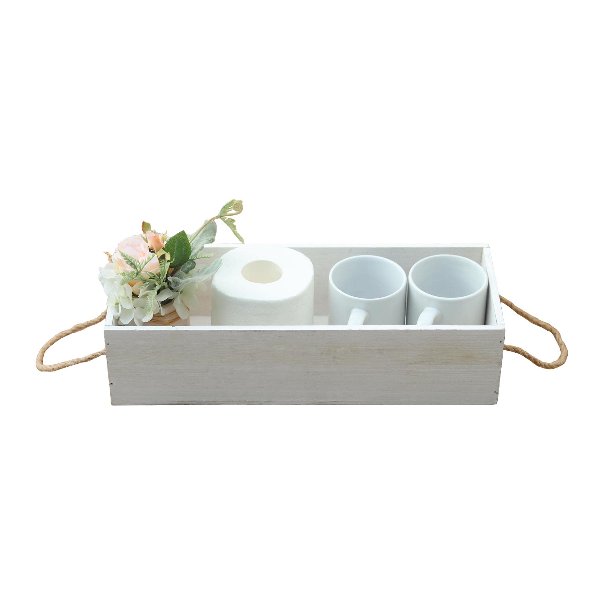 Rustic Farmhouse Wooden Bathroom Storage Box - Over The Toilet Organizer with Rope Handle, Distressed White Finish - Perfect for Toilet Paper Storage, Bathroom Decor & Small Space Organization