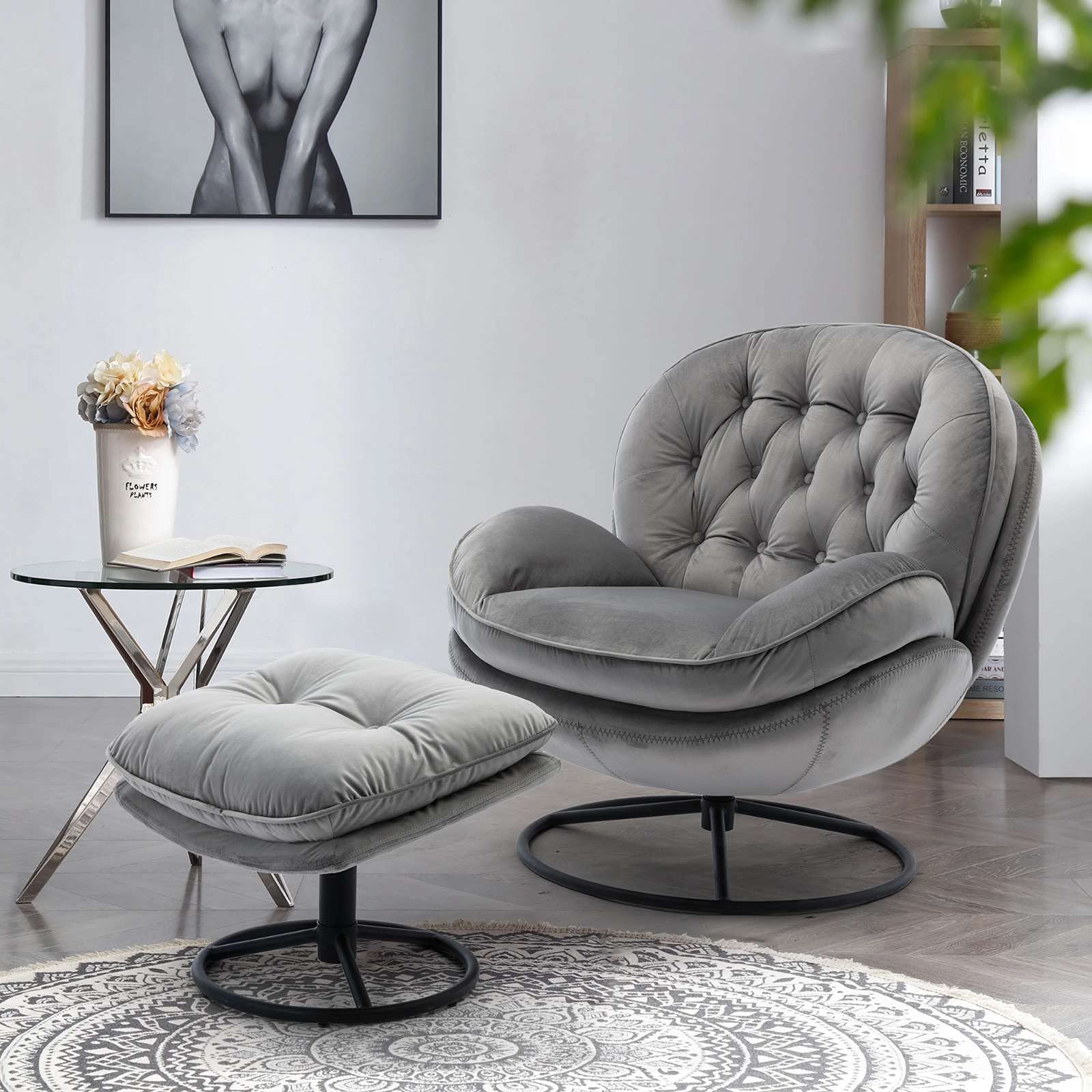 Velvet Swivel Accent Chair with Ottoman - Modern Living Room Lounge Chair with Footrest, 360 Degree Rotation, Comfortable Sofa Chair for Reading, Relaxing & Home Decor