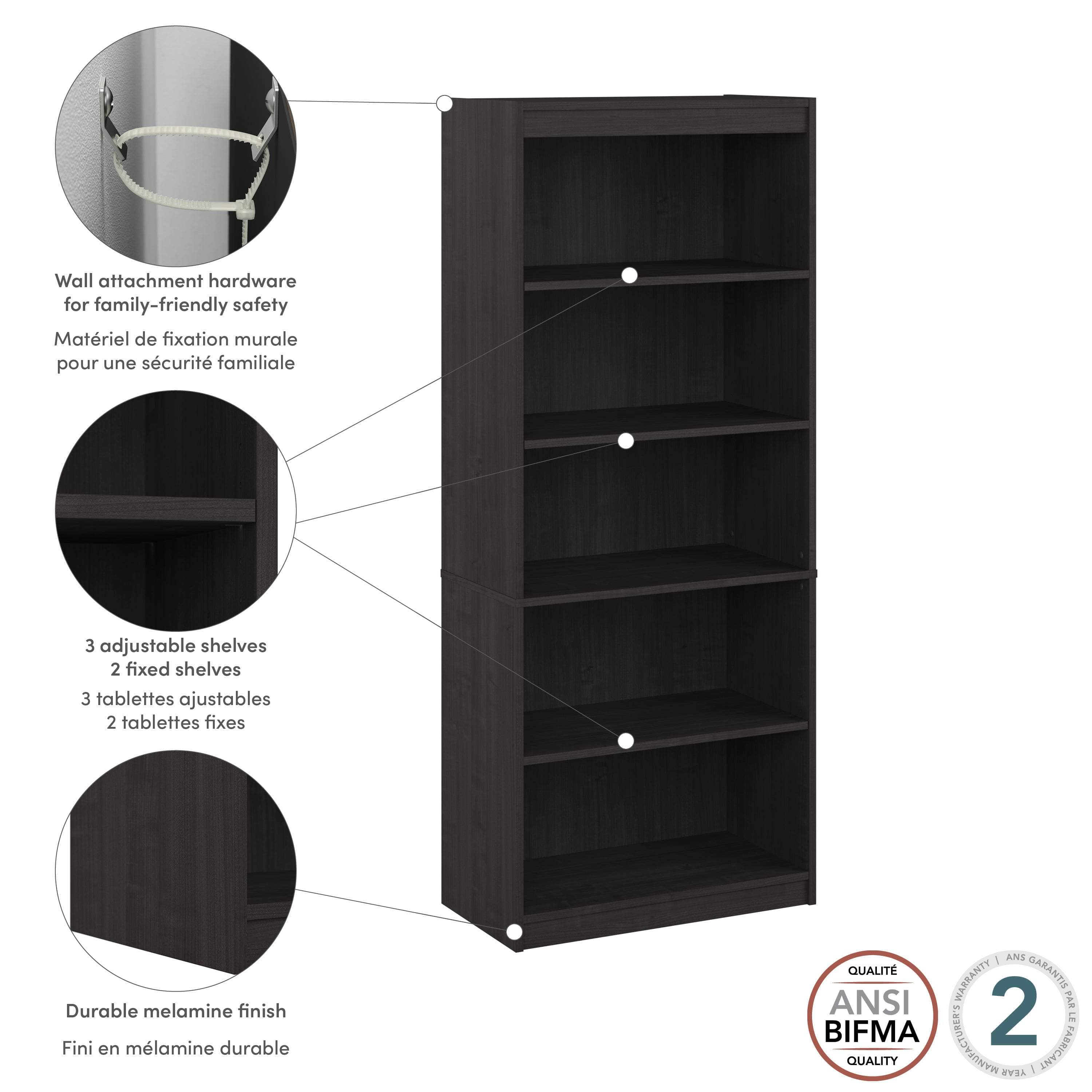 Ridgeley 30W 5-Tier Bookshelf - White, Black & Walnut Finish | Space-Saving Bookcase for Living Room, Office & Bedroom Storage