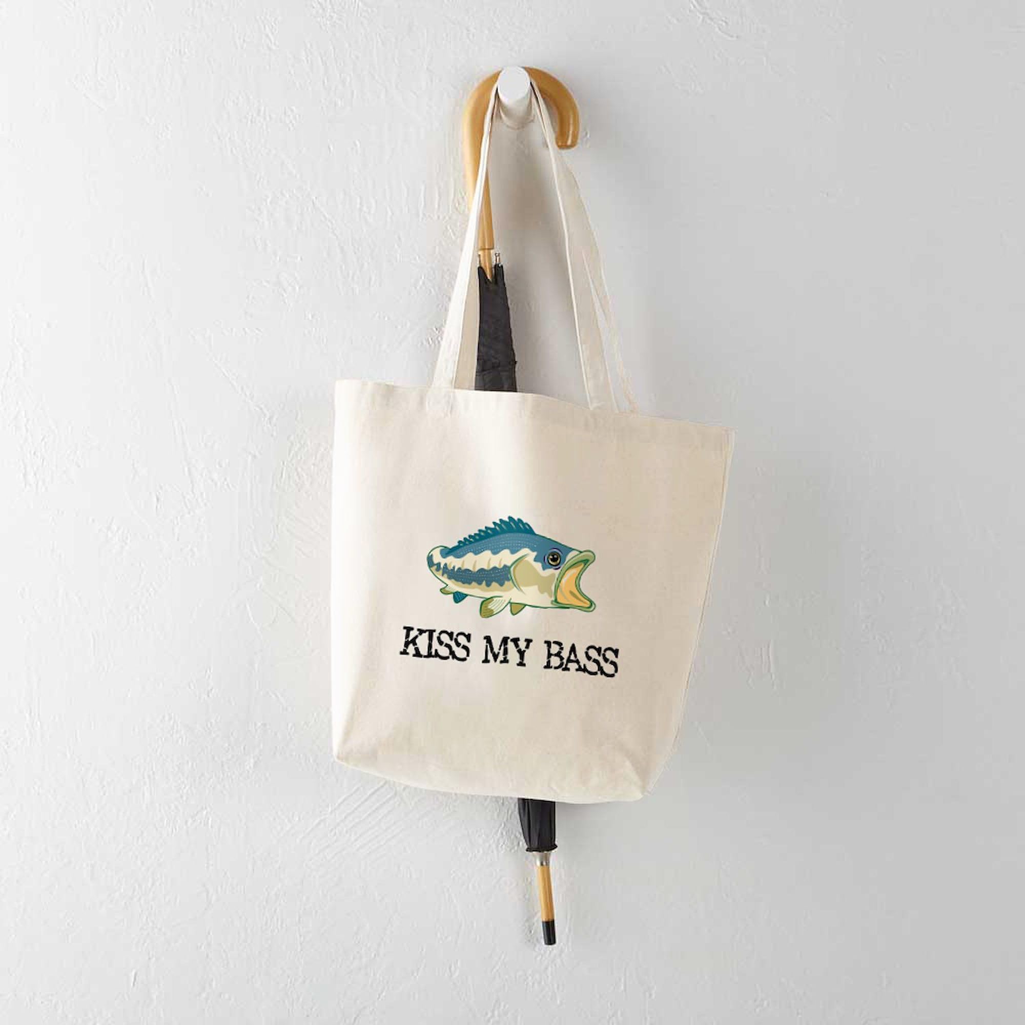 Kiss My Bass Tote Bag - Natural Canvas Reusable Shopping Bag for Groceries, Beach & Farmers Market | Eco-Friendly Cotton Tote with Funny Fishing Design