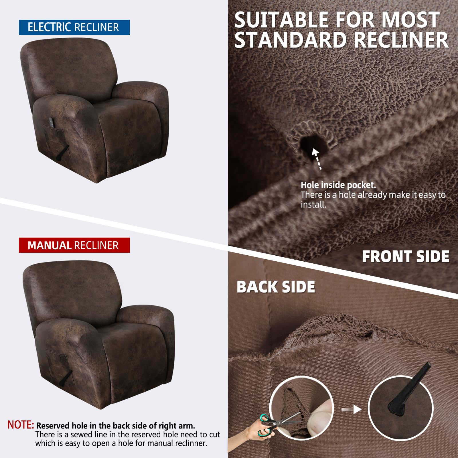 Premium Leather-Like Recliner Chair Covers Set of 4 - Washable & Non-Slip Slipcovers for Large Lazy Boy Recliners, Dark Brown - Perfect for Living Room, Home Theater & Office Comfort