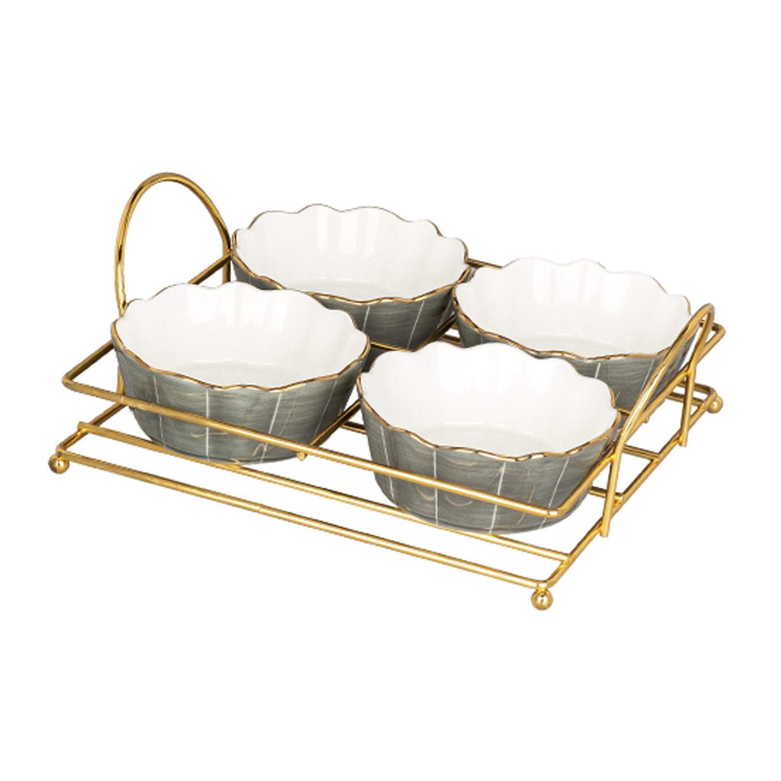 4-Piece Ceramic Appetizer Plates Set with Metal Tray - Multipurpose Dipping Bowls for Sauce, Condiments, Snacks, Fruits - Durable Serving Dishes for Parties, Entertaining & Daily Kitchen Use