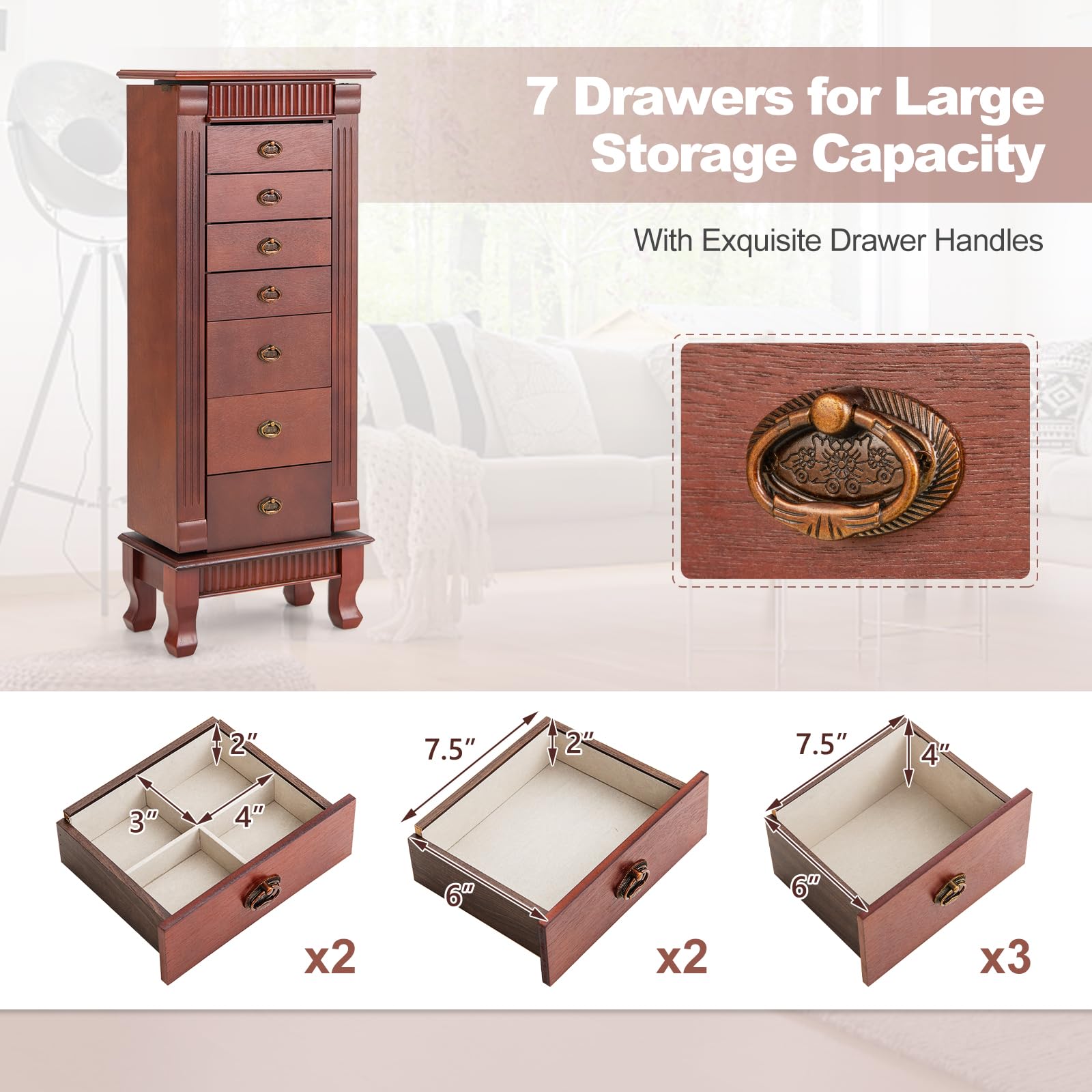 Giantex Large Standing Jewelry Armoire Cabinet with 7 Drawers & 2 Doors - Jewelry Storage Organizer with 12 Necklace Hooks, Makeup Mirror & Top Compartment - Perfect for Bedroom, Closet & Dressing Room Organization