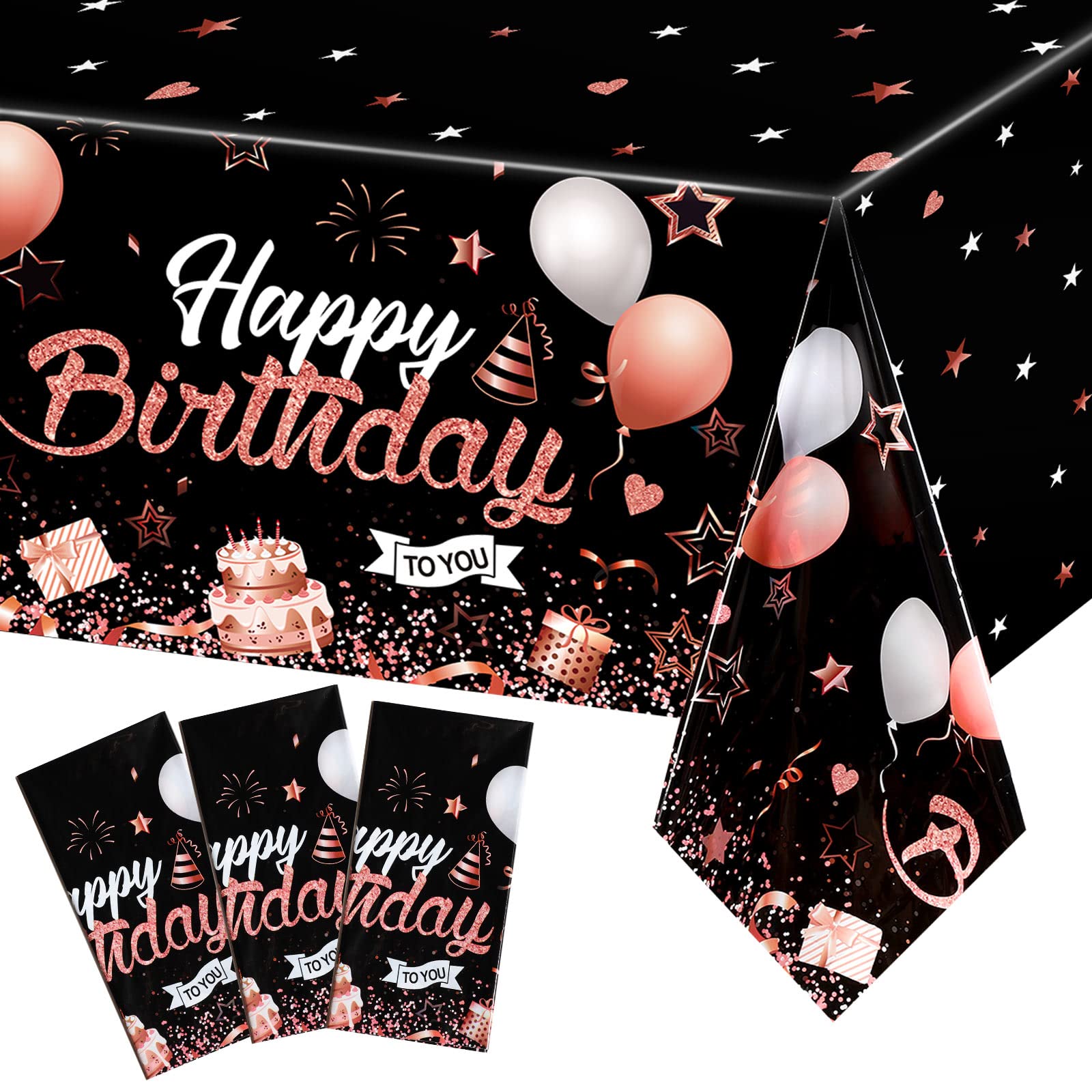 Breling 3 Pack Rose Gold & Black Happy Birthday Tablecloths - 54 x 108 Inch Starry Confetti Table Covers for Kids & Adults Party Decorations - Perfect for Birthday Celebrations, Baby Showers & Holiday Events