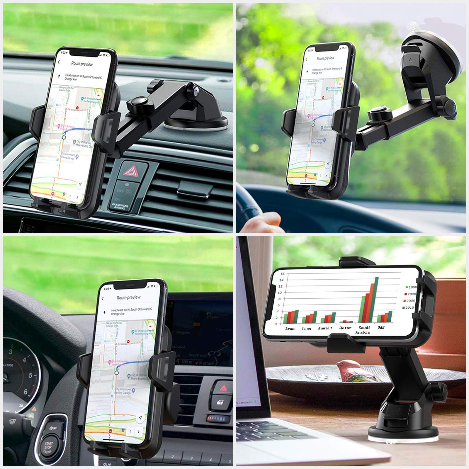 Upgraded Universal Car Phone Holder Mount - Dashboard & Windshield Compatible, Long Arm Strong Suction Air Vent Cell Phone Stand for iPhone, Samsung, Moto & More - Perfect for GPS Navigation & Hands-Free Driving