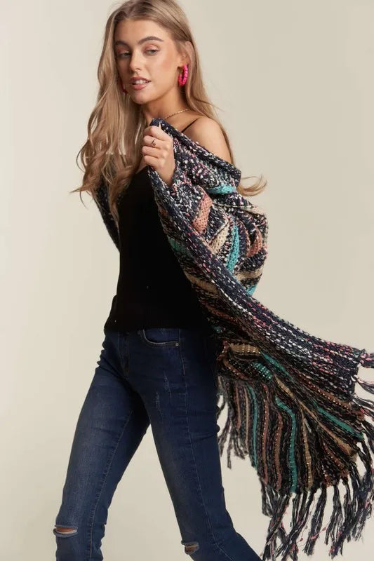Stylish ADORA Multi-Color Long Fringe Cardigan Sweater for Women | Cozy Fall & Winter Layering | Perfect for Office, Casual Outings & Date Nights