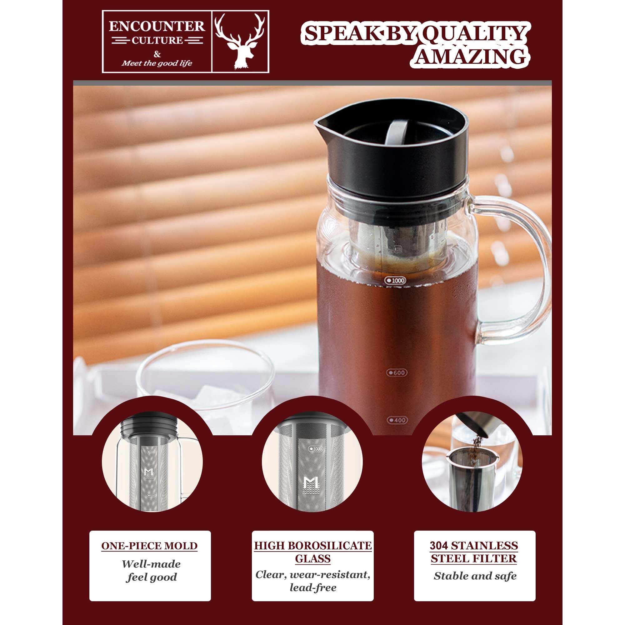 Premium 1.2L (41oz) Cold Brew Glass Pitcher - 100% Airtight with 304 Stainless Steel Double Mesh Filter | Heat-Resistant Iced Tea & Coffee Maker | Perfect for Home, Office & Outdoor Use