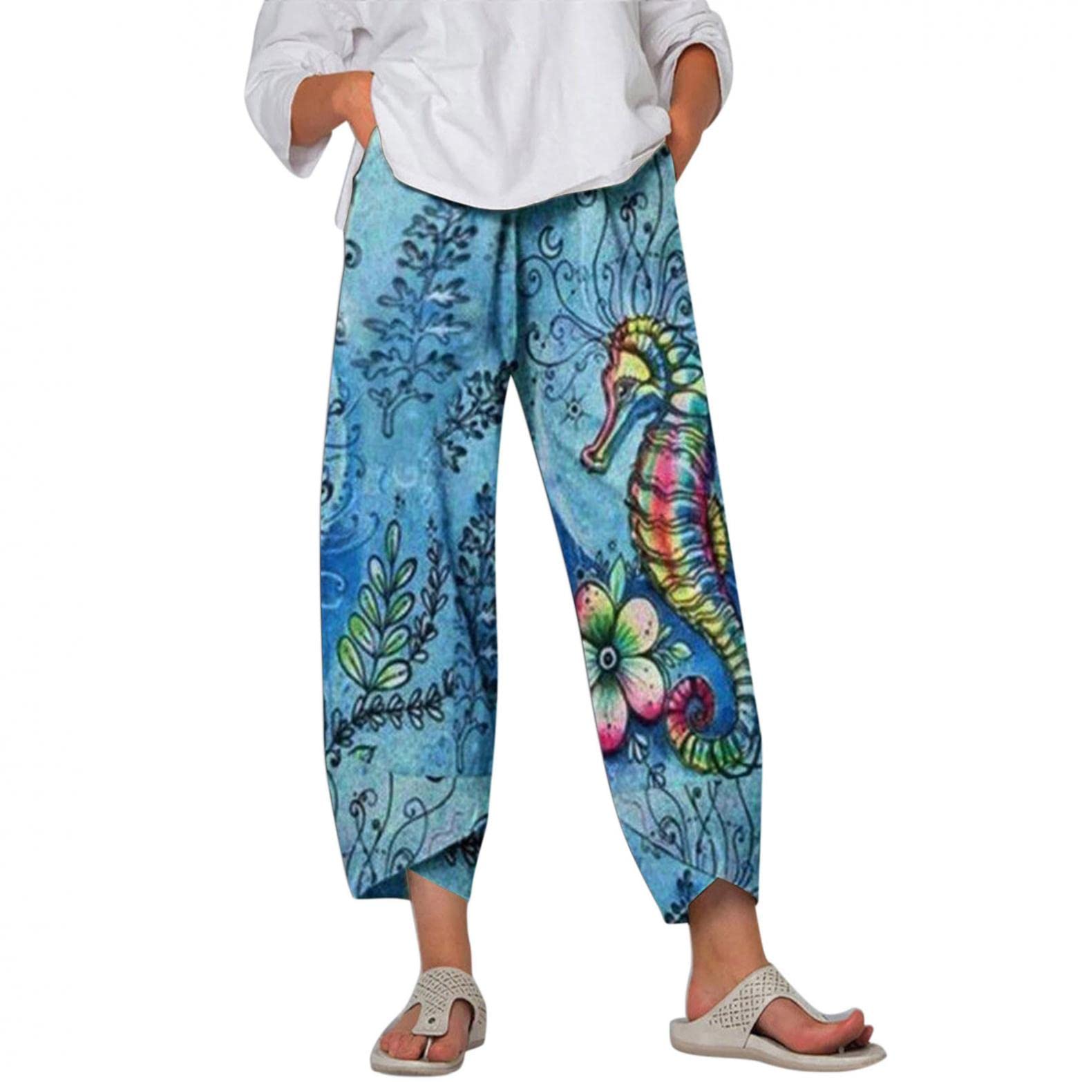Plus Size Women's Capri Pants with Seahorse Print - Summer Beach Casual Stretch Pants for Vacation, Yoga & Outdoor Activities