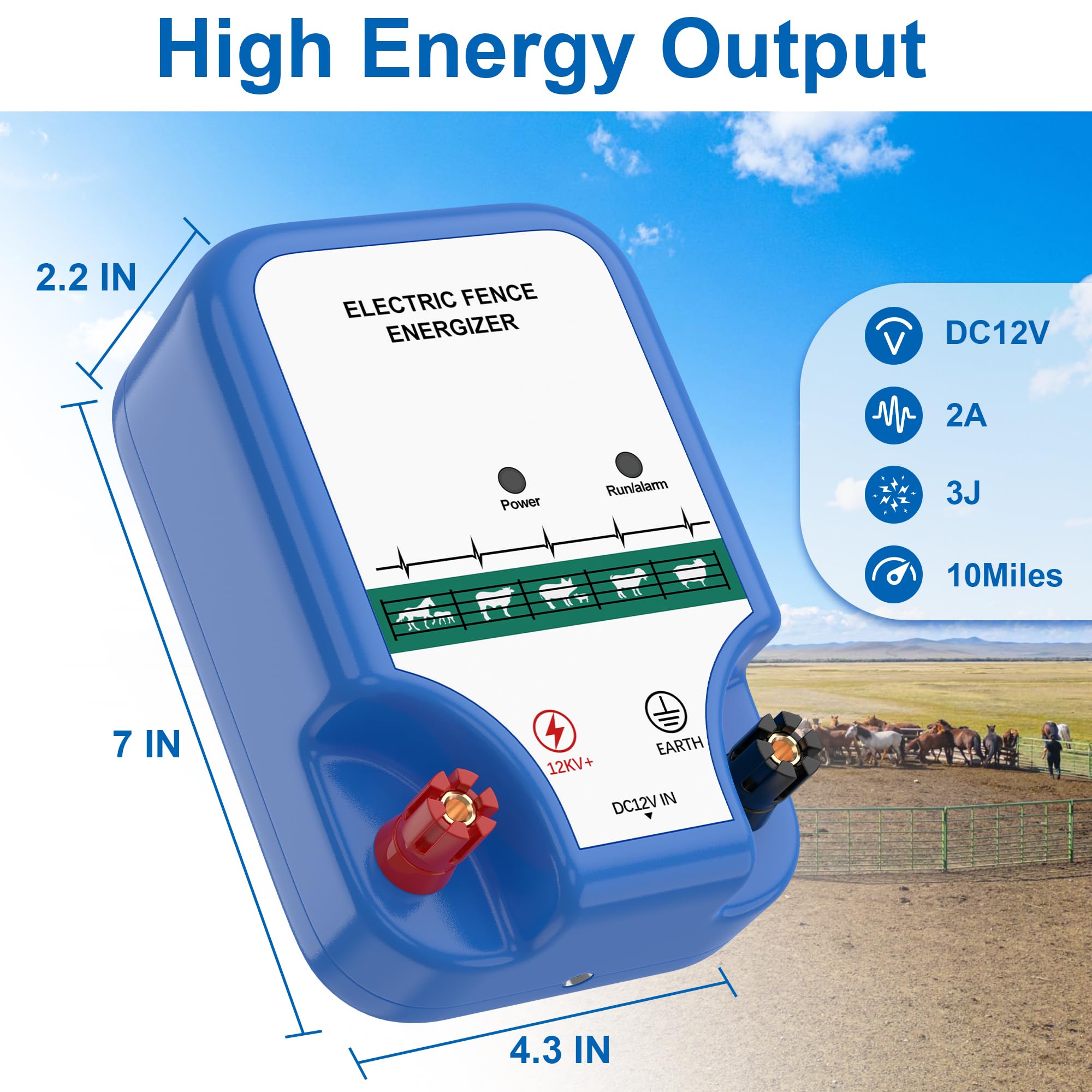 Azmall Electric Fence Charger Kit - 10 Mile/3J Livestock Fence Energizer for Cattle, Poultry & Pets | Weatherproof Farm & Garden Electric Fence System | Ideal for Protecting Animals from Predators & Securing Property Boundaries