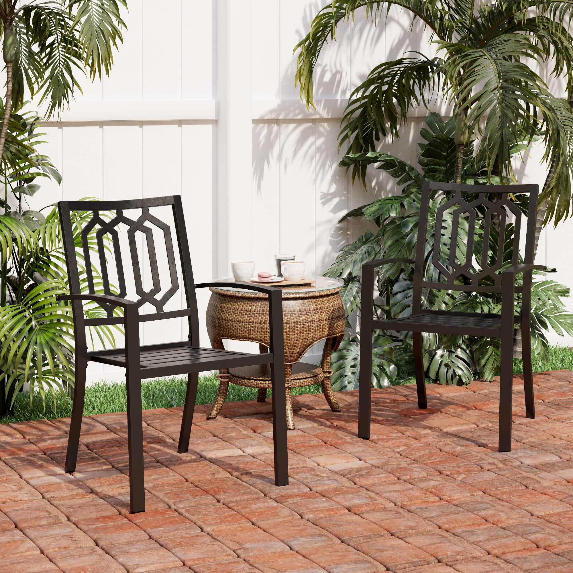 PHI VILLA Outdoor Dining Chairs Set of 2 - Metal Patio Bistro Chairs, Stackable Garden Chairs for Backyard, Balcony, Restaurant - Weather-Resistant Black Steel Frame - Perfect for Outdoor Entertaining & Dining