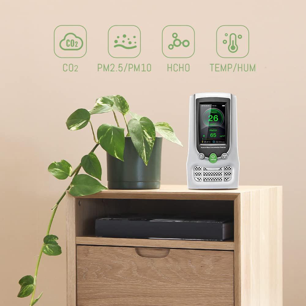 High Accuracy Air Quality Monitor - Formaldehyde, CO2, PM2.5, PM10, TVOC Detector with Temperature & Humidity Sensor | For Home, Office & Indoor Air Pollution Testing