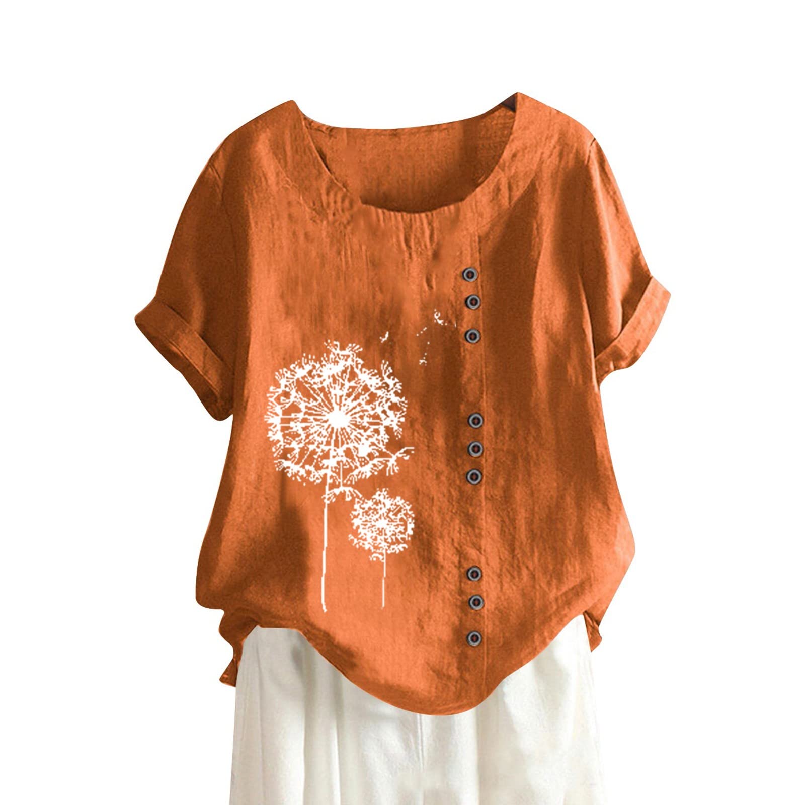 Women's Linen Shirts - Breathable Short Sleeve T-Shirts with Pattern Print, Cotton Linen Blend, Oversized Loose Fit for Summer | Casual Wear, Beach Outfits, Vacation Style & Everyday Comfort