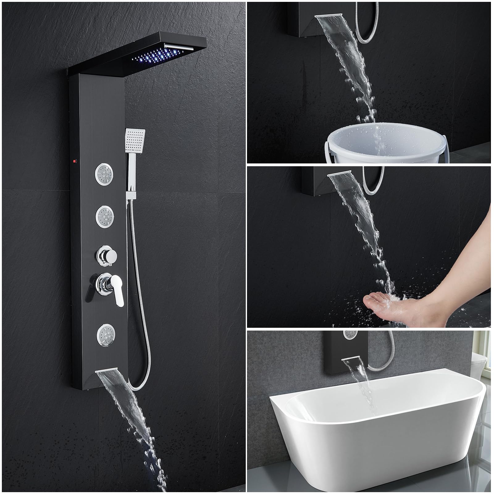 ROVATE 5-in-1 LED Shower Panel Tower System - Black Stainless Steel High Pressure Shower Column with Rainfall Showerhead, Waterfall, Body Jets & Handheld Sprayer + Tub Spout | Perfect for Modern Bathroom Renovation & Spa-Like Shower Experience