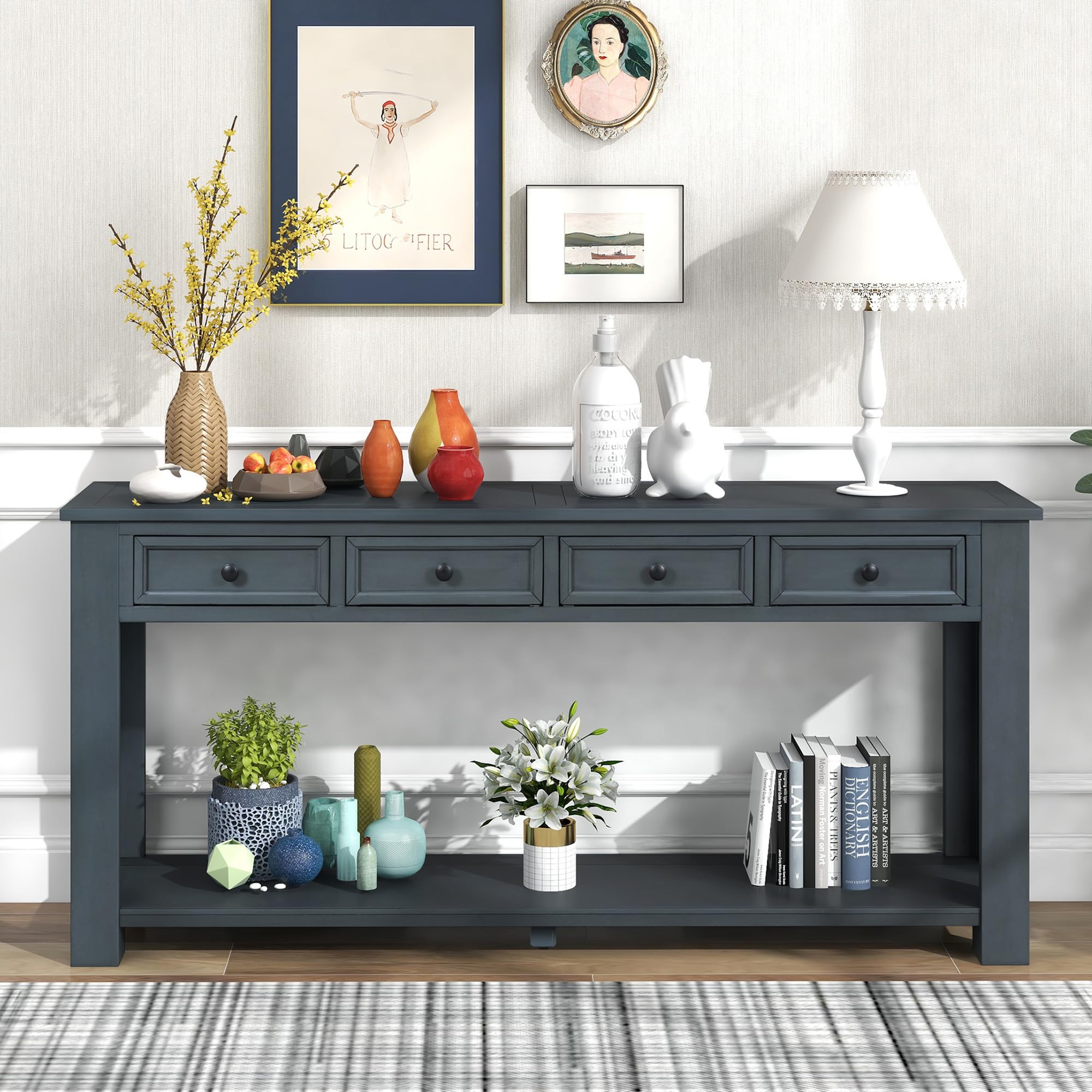Merax Wood Sofa Table Console Table with 4 Storage Drawers & Bottom Shelf - Entryway Table for Living Room, Hallway, Dining Room - Navy Blue Home Decor for Small Spaces & Apartment Living