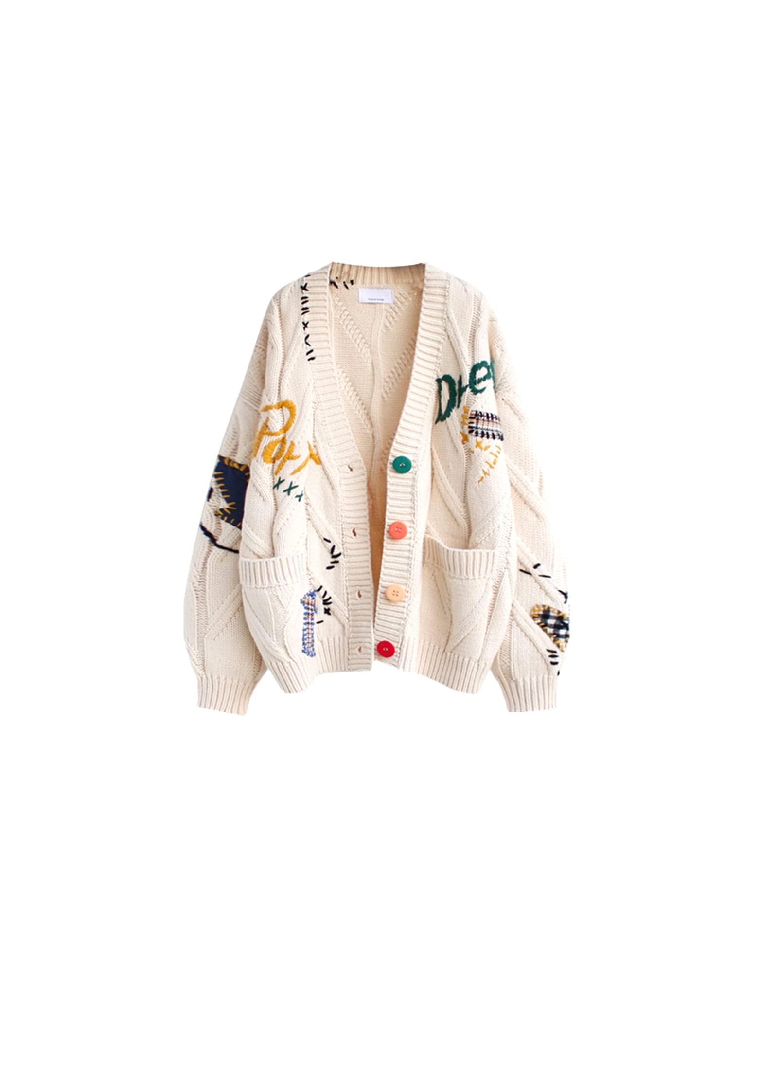 Women's Casual Thick Embroidered Knit Cardigan Sweater Jacket - Beige | Cozy Fall & Winter Layering Piece for Office, Travel & Home