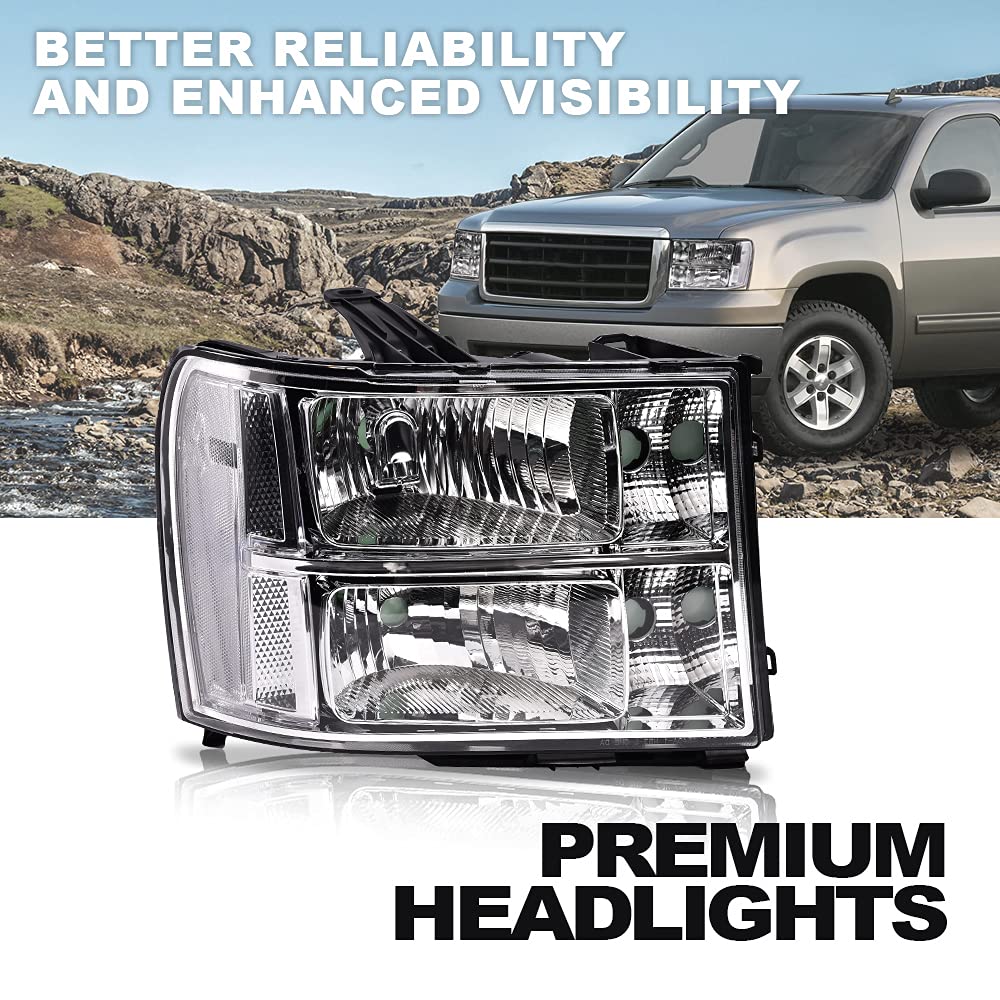 G-PLUS Headlights for GMC Sierra 1500/2500/3500HD 2007-2014 - Clear Lens Chrome Housing - Perfect for Off-Road & Night Driving