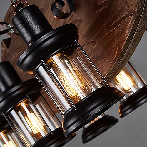 LITFAD 6-Light Wooden Fish Shaped Pendant Chandelier - Industrial Retro Coastal Style with Lantern Shade for Dining Room, Restaurant, Bar & Kitchen Island Lighting | Perfect for Coastal Decor, Farmhouse Dining, and Commercial Spaces