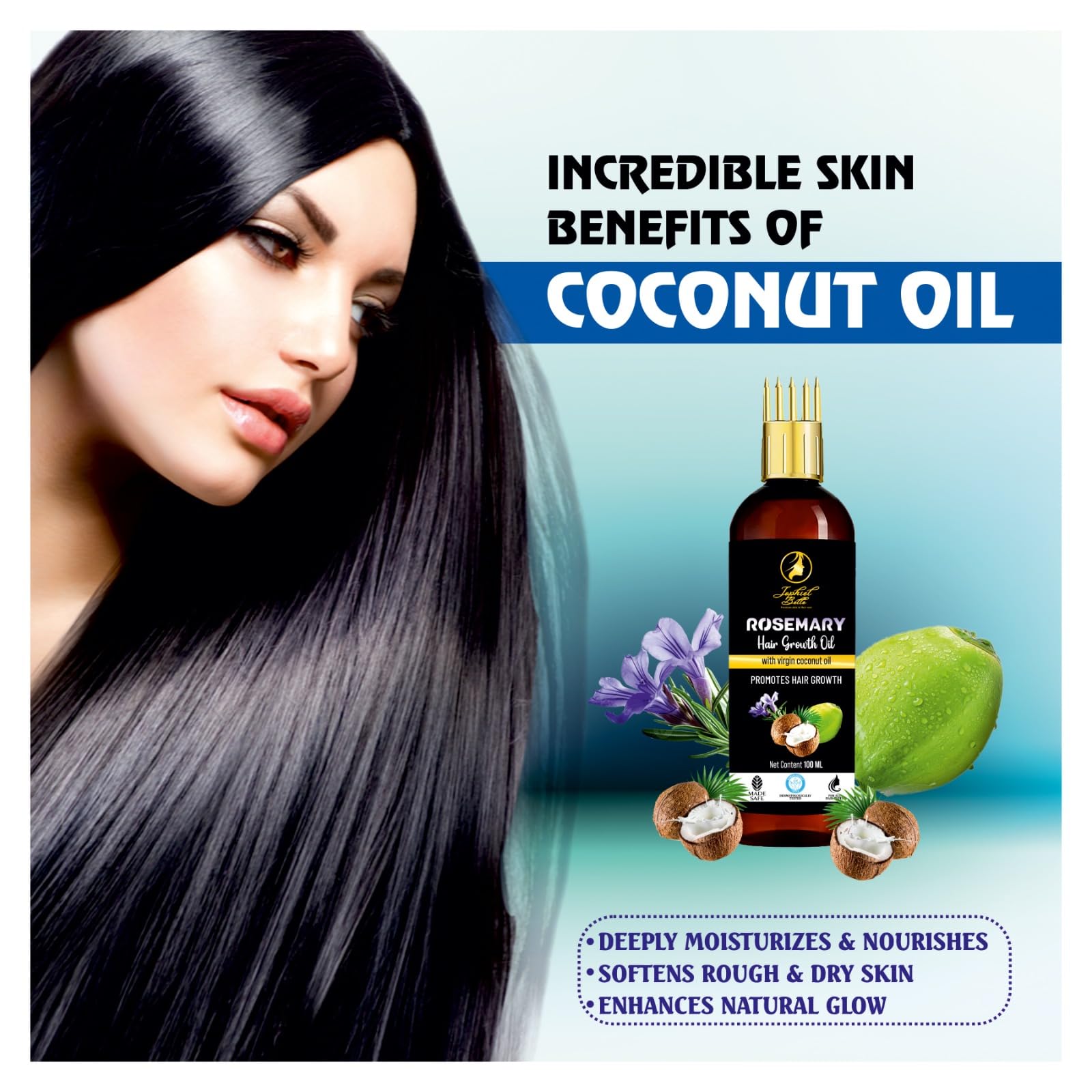 Jophiel Belle Rosemary Hair Oil with Virgin Coconut Oil – Nourishing & Revitalizing Hair Treatment for Growth & Shine – 100ml – Perfect for Dry, Damaged Hair & Scalp Care