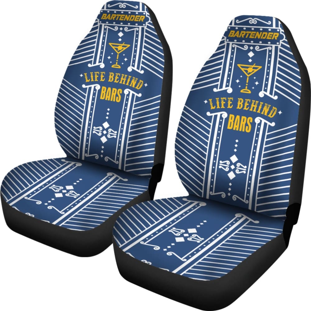 Premium Blue 'Life Behind Bars' Bartender Gold Letter Printed Car Seat Covers 211601 - Durable & Stylish Protection for Cars, Trucks & SUVs - Perfect for Bartenders, Car Enthusiasts & Gift Giving