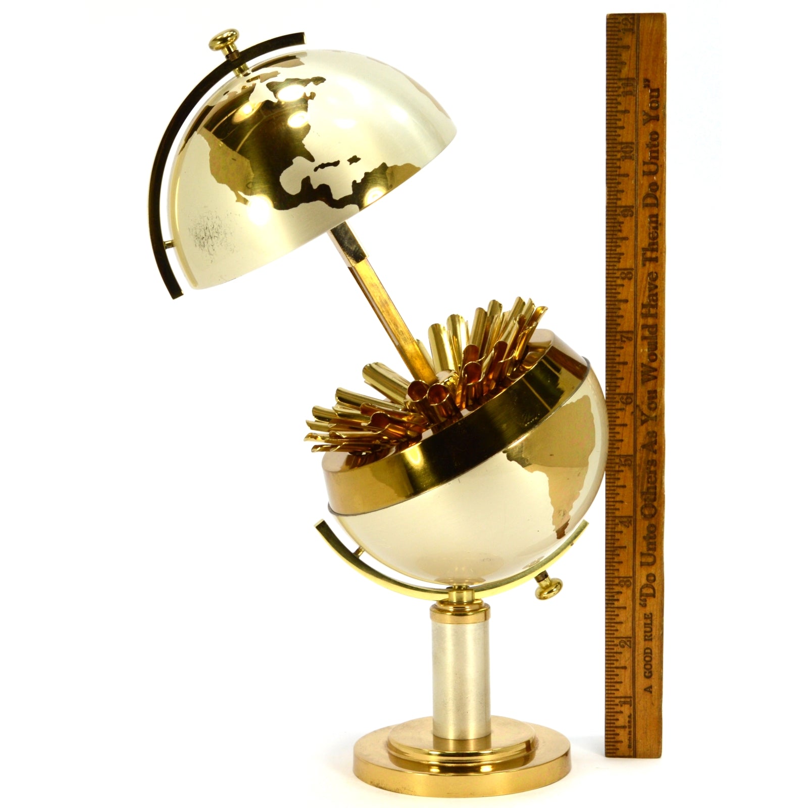 Vintage Mid Century Brass World Globe Cigarette Holder - 8 Telescoping Dispenser - Art Deco Style - Perfect for Smoking Accessories & Home Decor
