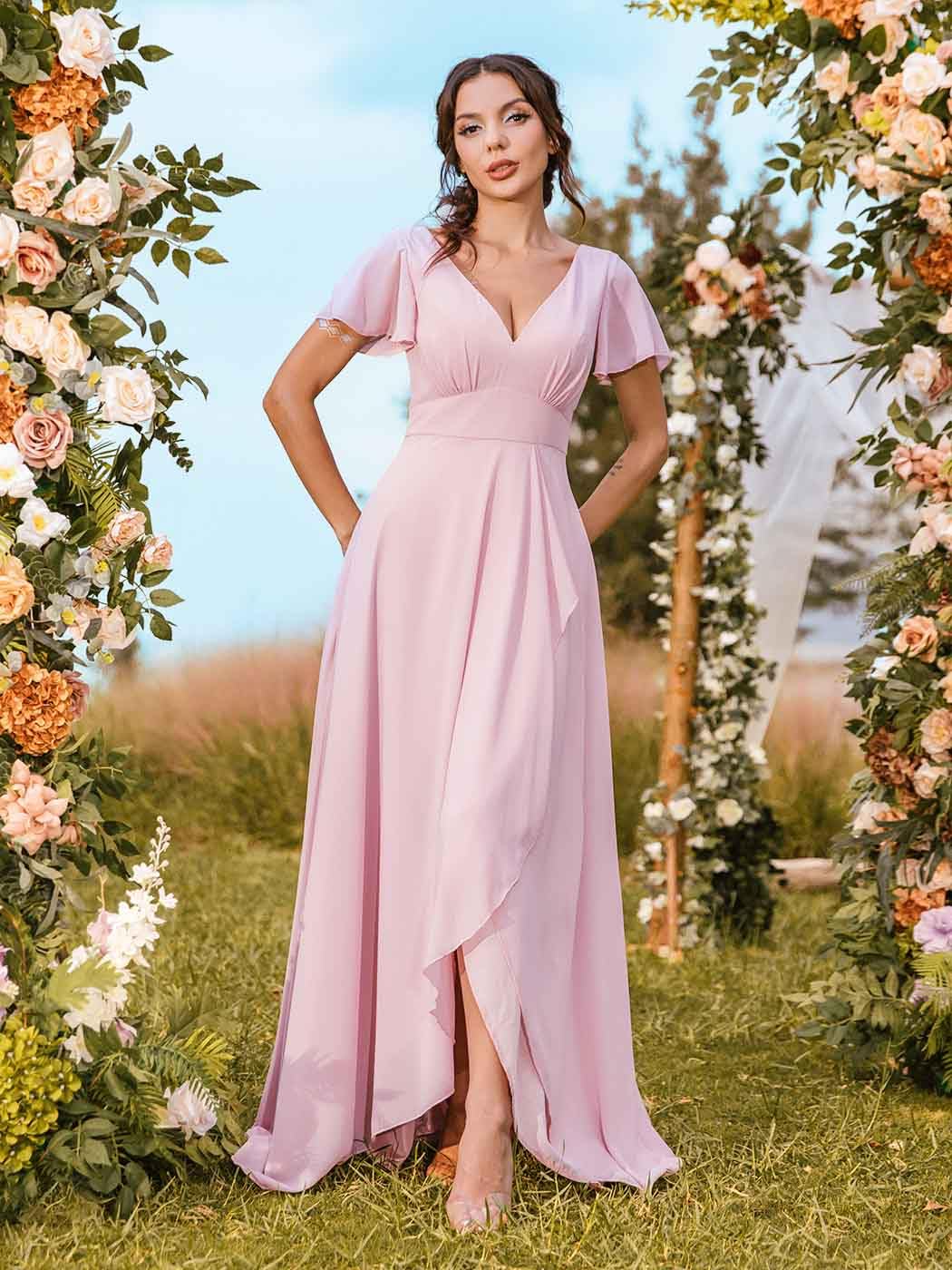 EASEDAILY Women's Pink V-Neck Short Sleeve High Waist Slit Maxi Dress for Bridesmaid Wedding Guest Evening Party - Elegant Long Gown for Formal Events, Prom, Cocktail Parties & Special Occasions