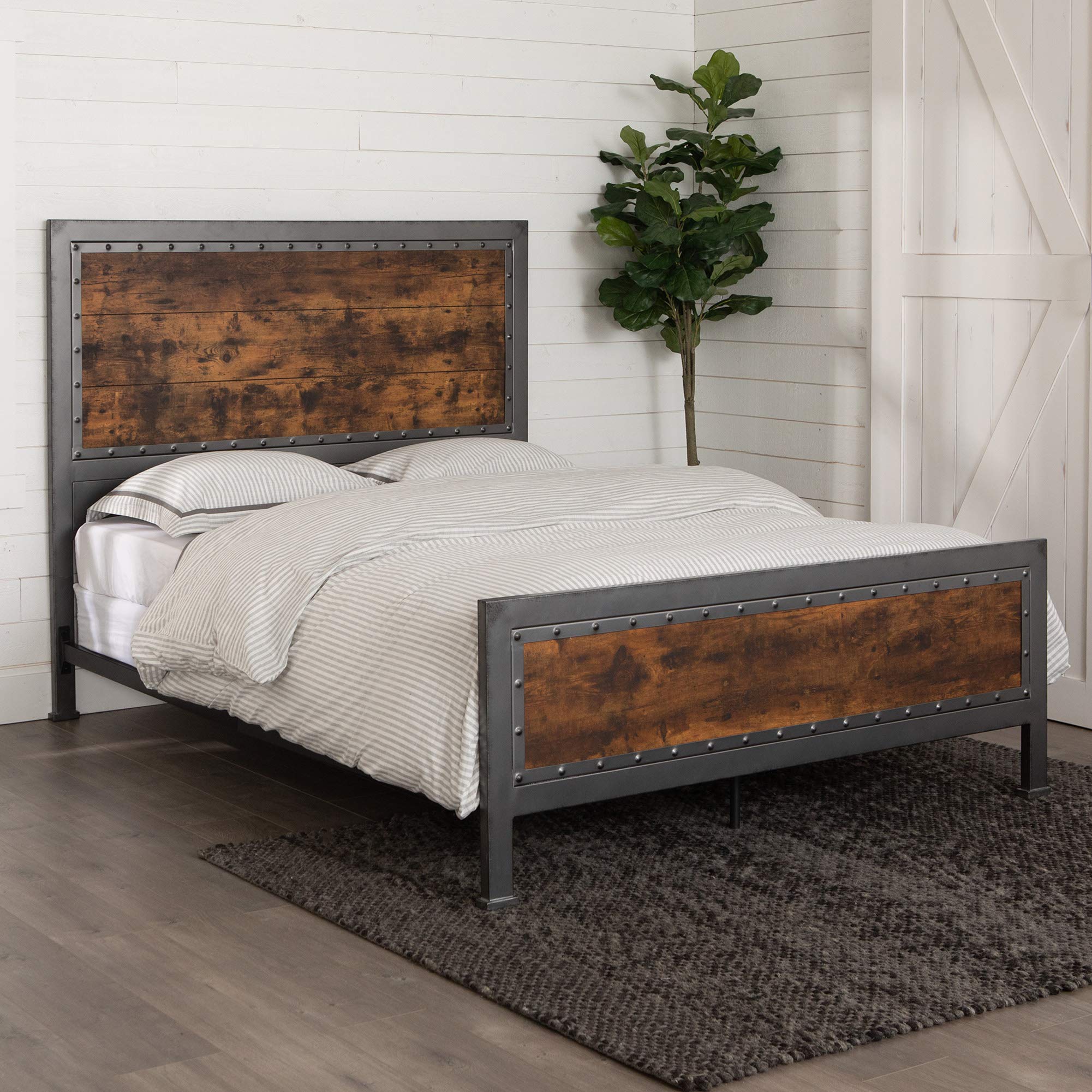 Rustic Farmhouse Queen Bed Frame with Wood and Metal Headboard & Footboard - Bronze Finish | Perfect for Bedroom, Guest Room, or Farmhouse Style Decor