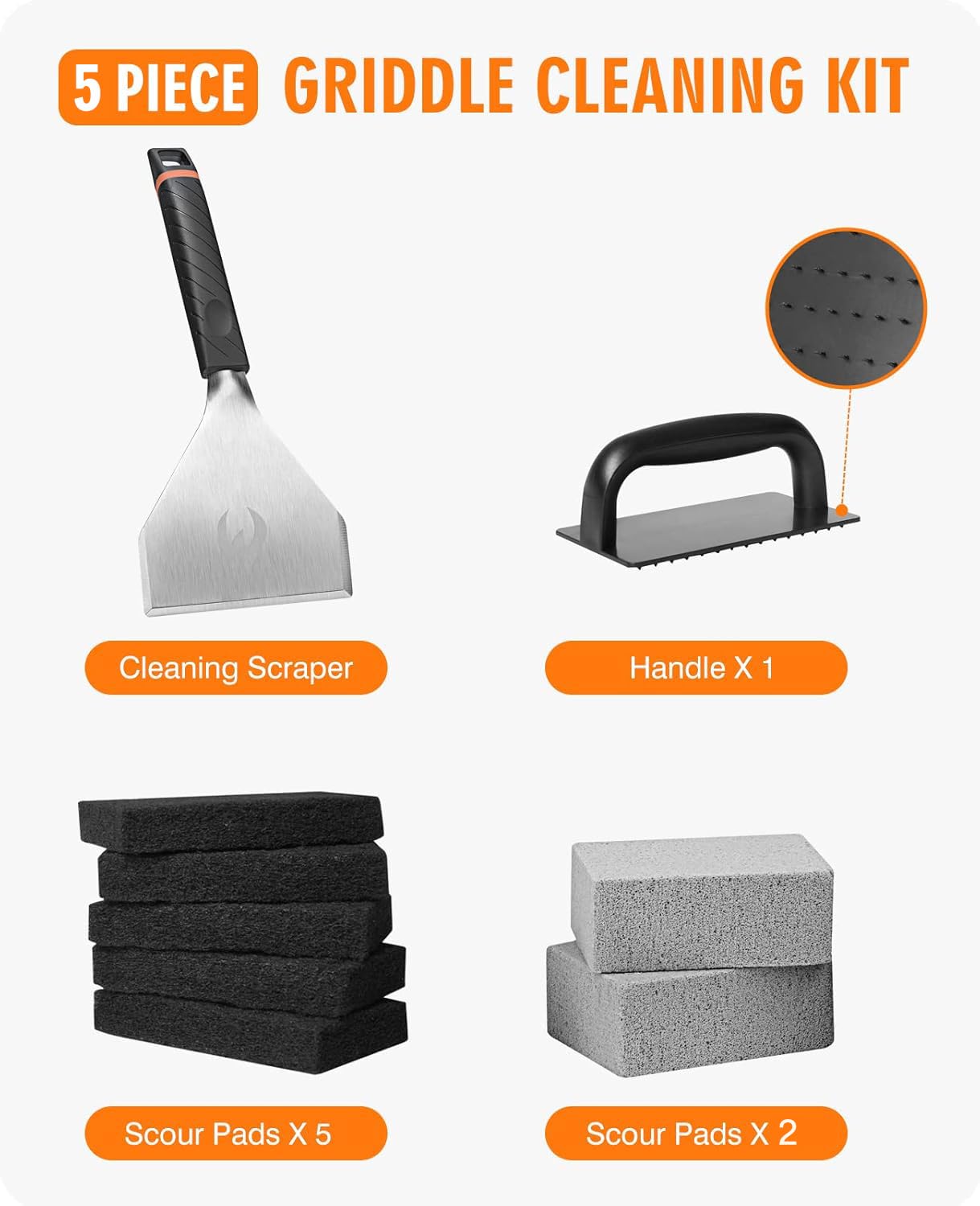 **HOMENOTE Professional Griddle Cleaning Kit for Blackstone - Heavy Duty Scraper, Bricks & Scouring Pads with Handle (9-Piece Set) - Perfect for Outdoor Grilling, Camping & Backyard BBQs**
