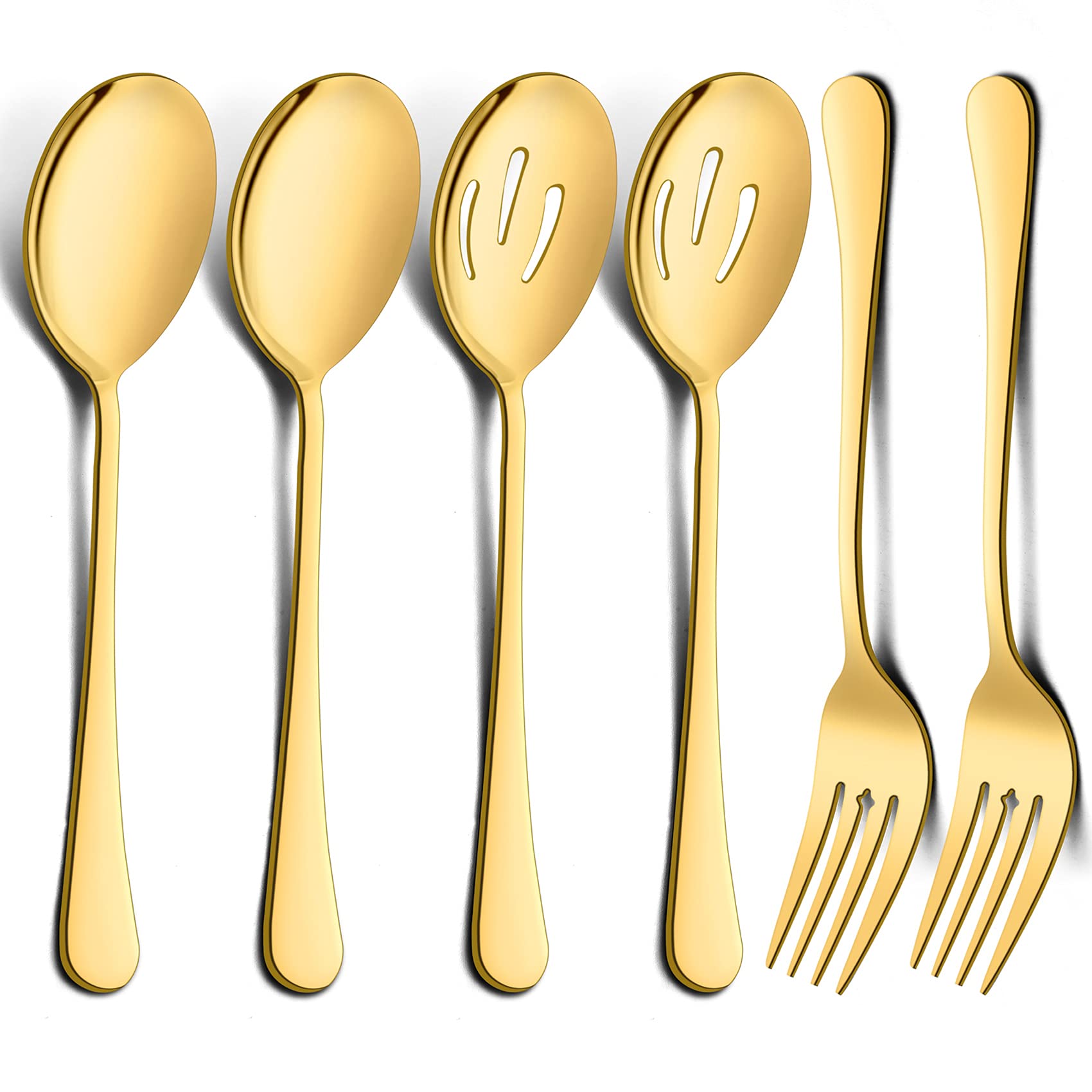 6-Piece Gold Stainless Steel Serving Spoon and Fork Set - 9.8 Inch Mirror Polished Buffet Utensils for Catering, Banquets & Parties - Dishwasher Safe - Elegant Tableware for Weddings, Dinner Parties & Holiday Gatherings